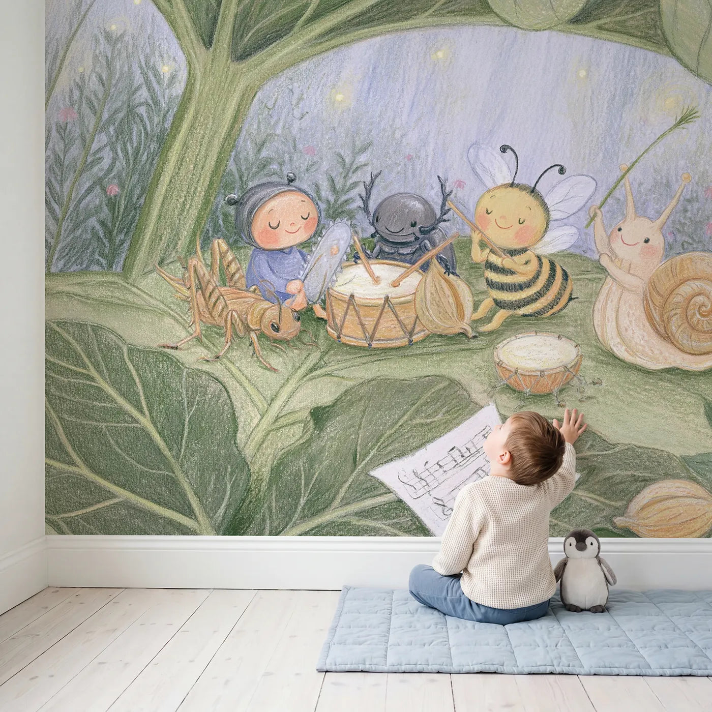 Child in nursery with The Bug Band Practice Wallpaper Mural by Whimsy Tots