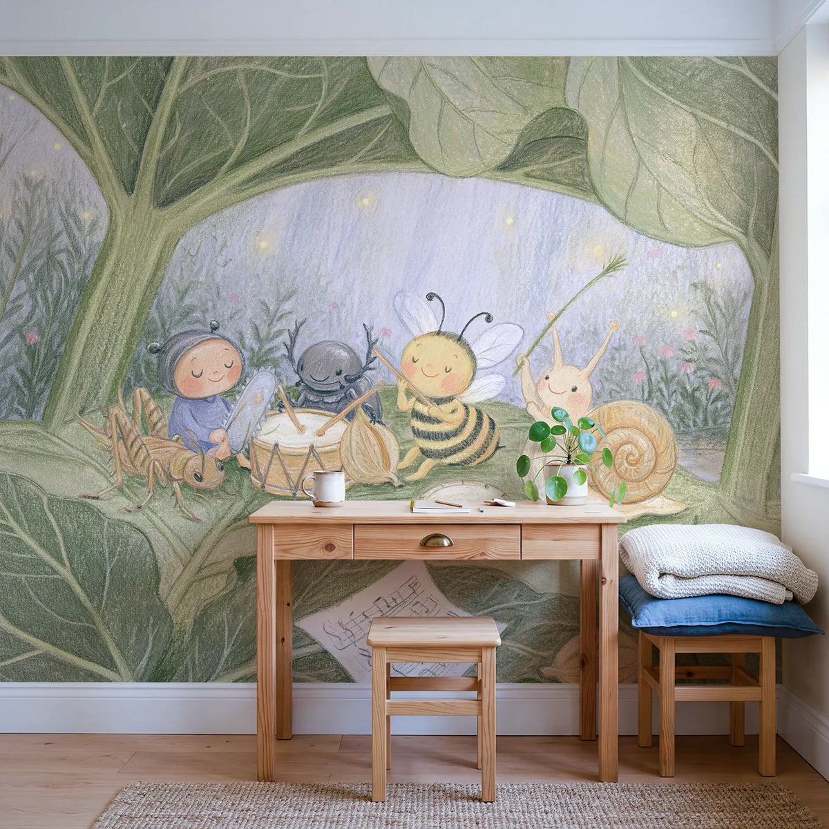 The Bug Band Practice Wallpaper Mural in playroom setting by Whimsy Tots