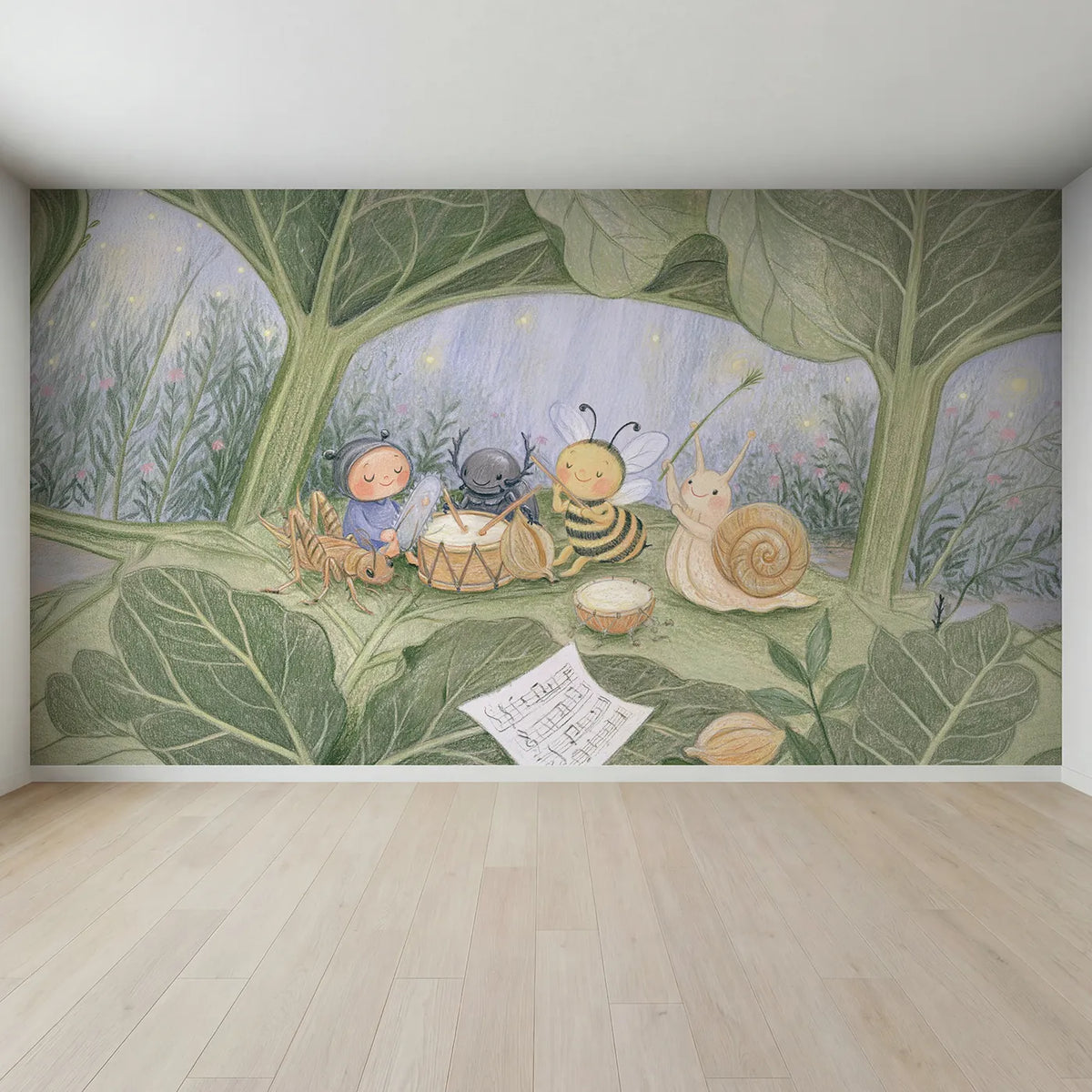 Full view of The Bug Band Practice Wallpaper Mural by Whimsy Tots