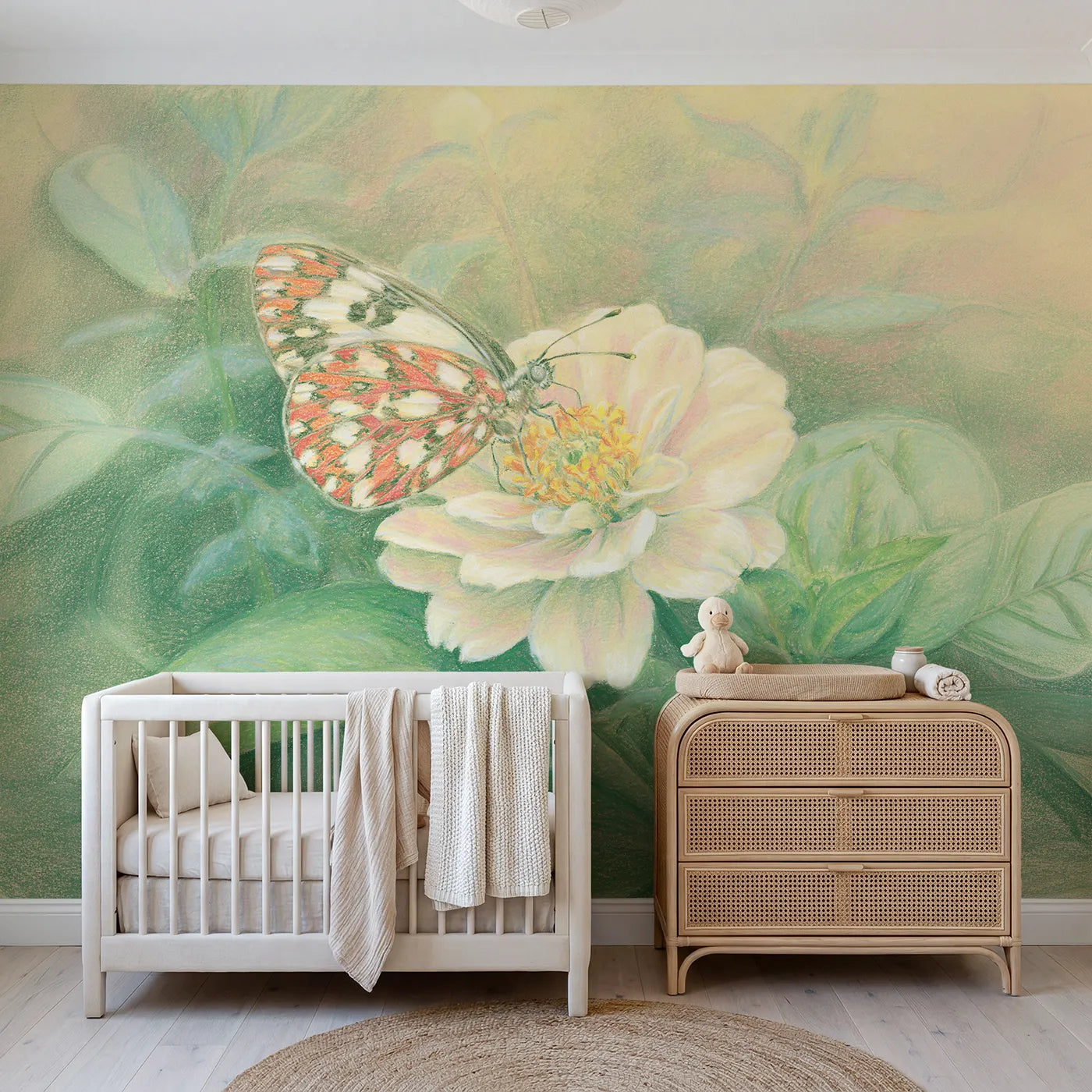 Colored-pencil wall mural of a butterfly on a blossom by Whimsy Tots