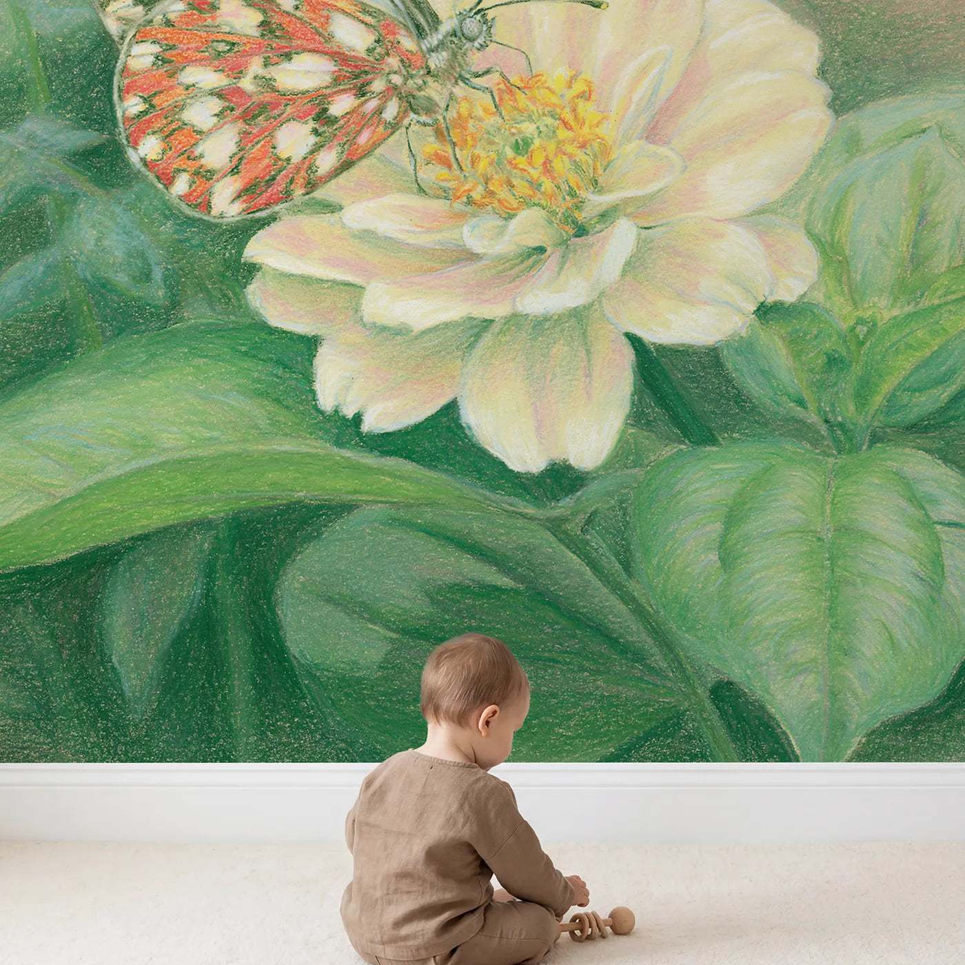 Child in nursery with Butterfly on a Blossom Wallpaper Mural by Whimsy Tots