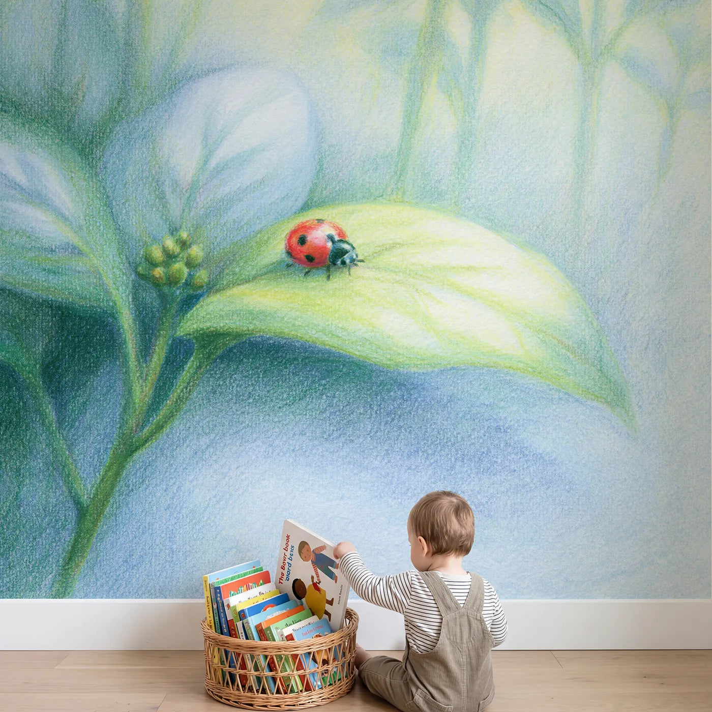 Child in nursery with Ladybug on a Leaf Wallpaper Mural by Whimsy Tots