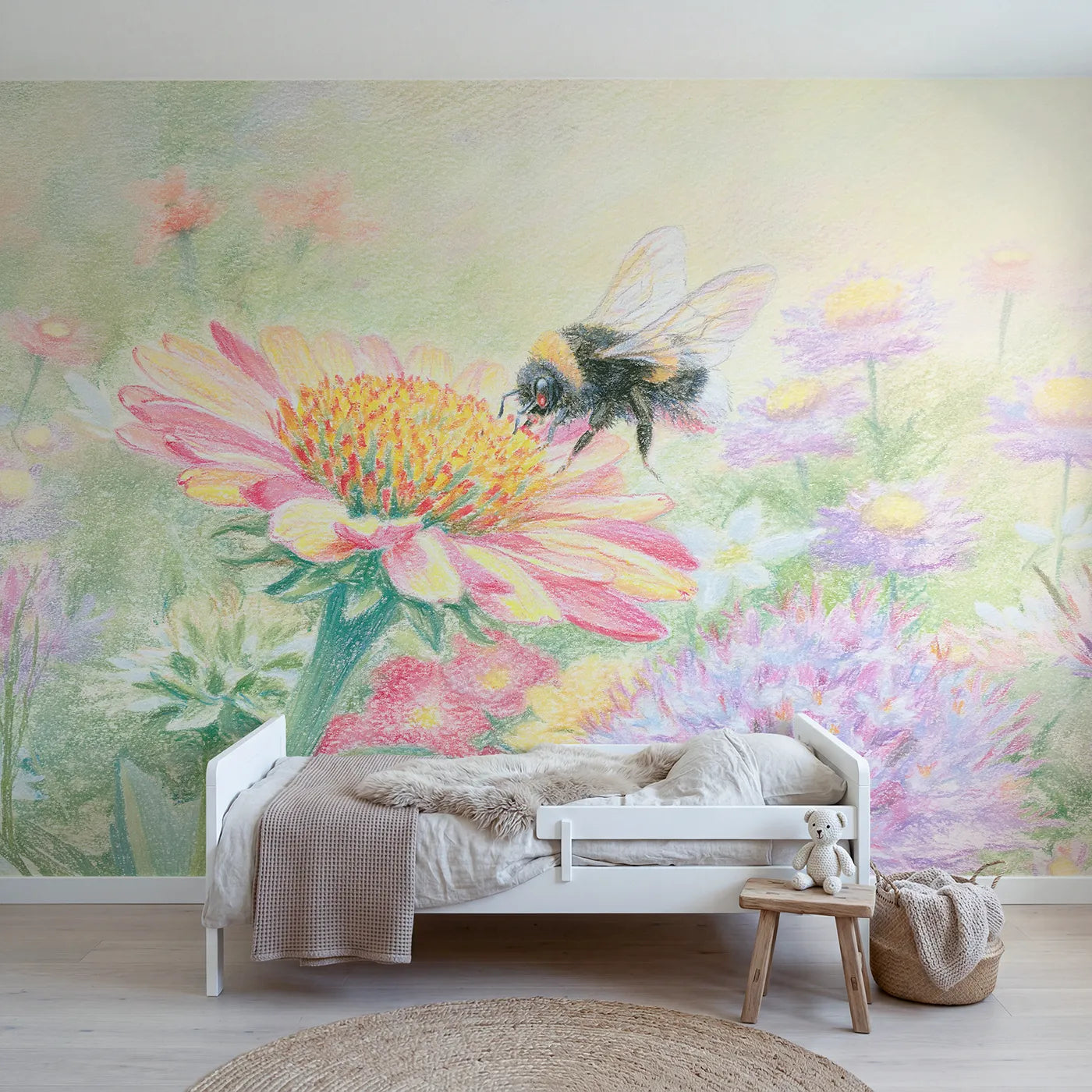 Colored-pencil wall mural of a bumblebee over a flower by Whimsy Tots
