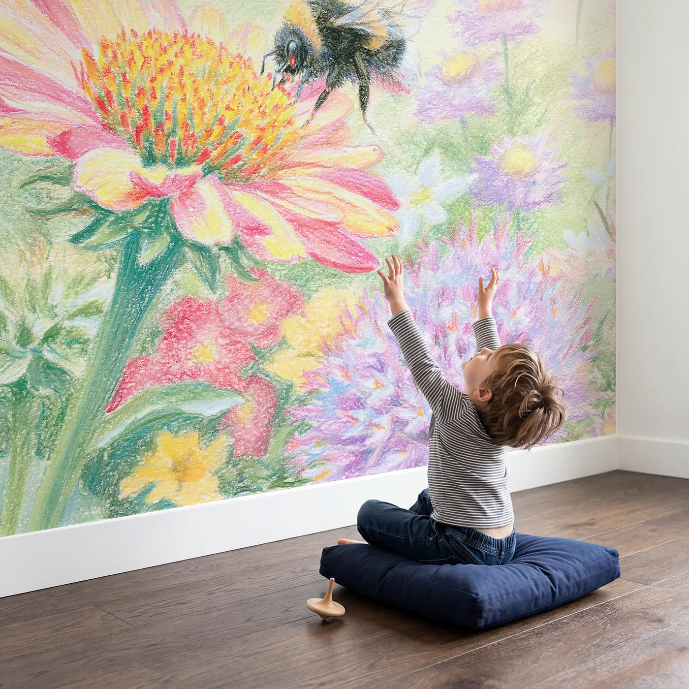 Child in nursery with Bumblebee on a Flower Wallpaper Mural by Whimsy Tots