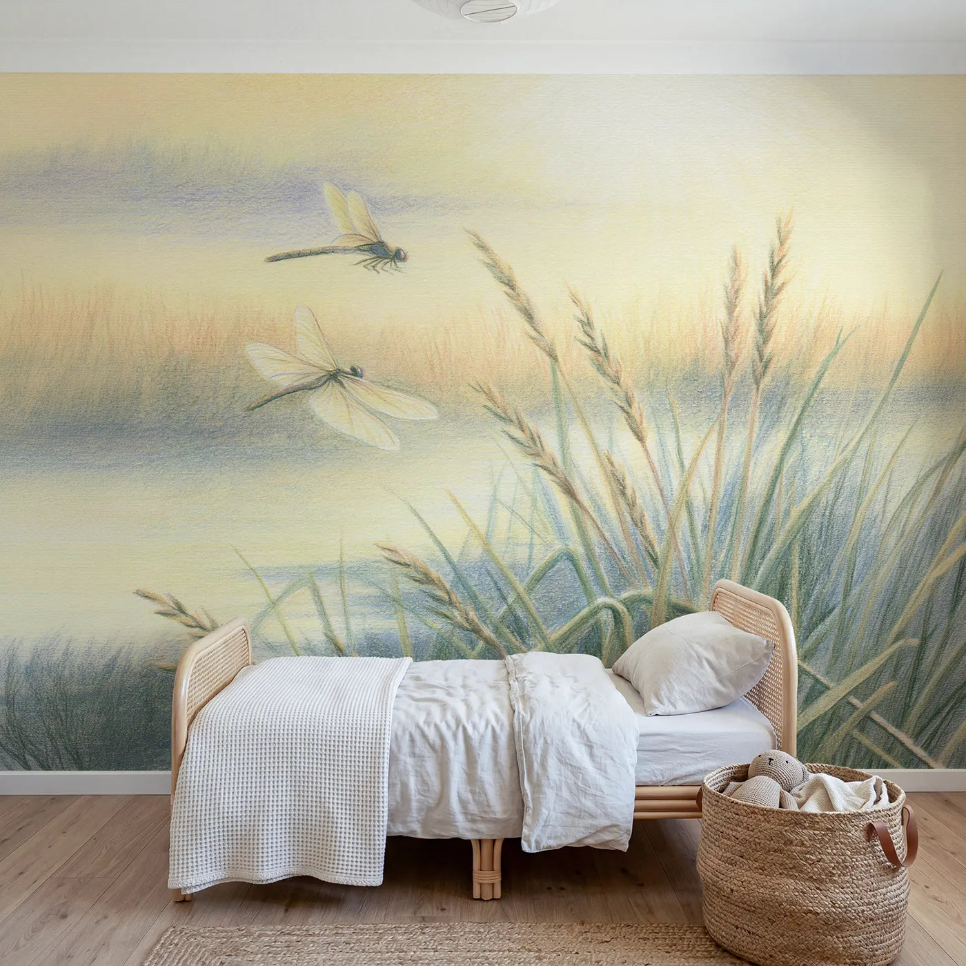 Colored-pencil wall mural of a dragonfly above reeds by Whimsy Tots