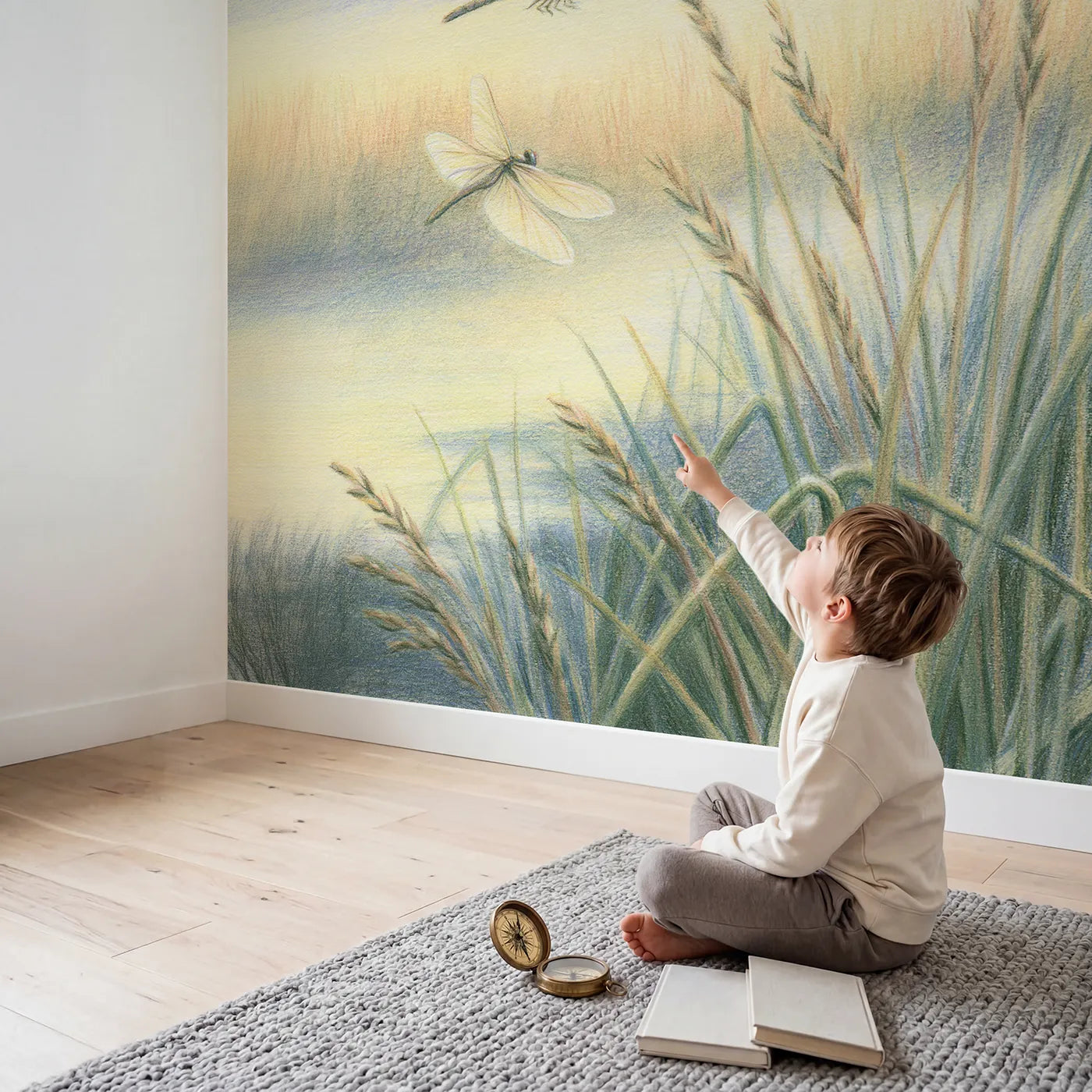 Child in nursery with Dragonfly over the Reeds Wallpaper Mural by Whimsy Tots