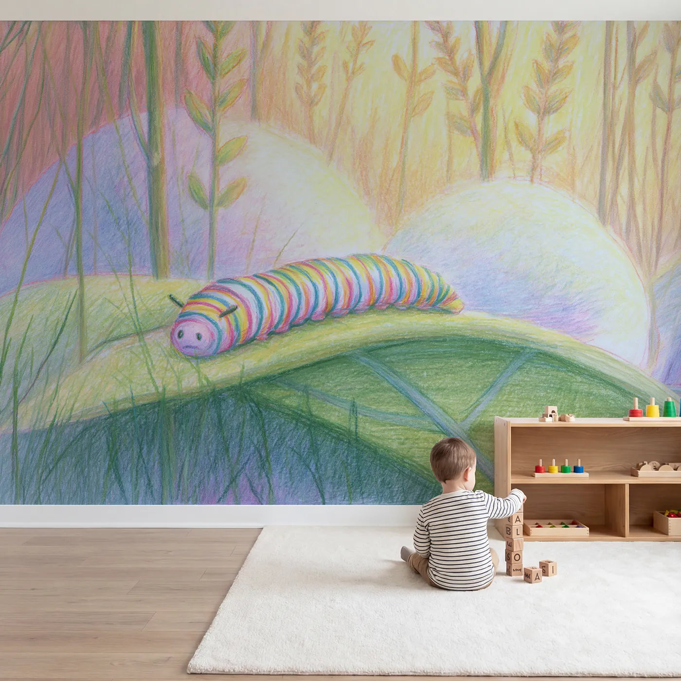 Child in nursery with Caterpillar on a Leaf Wallpaper Mural by Whimsy Tots