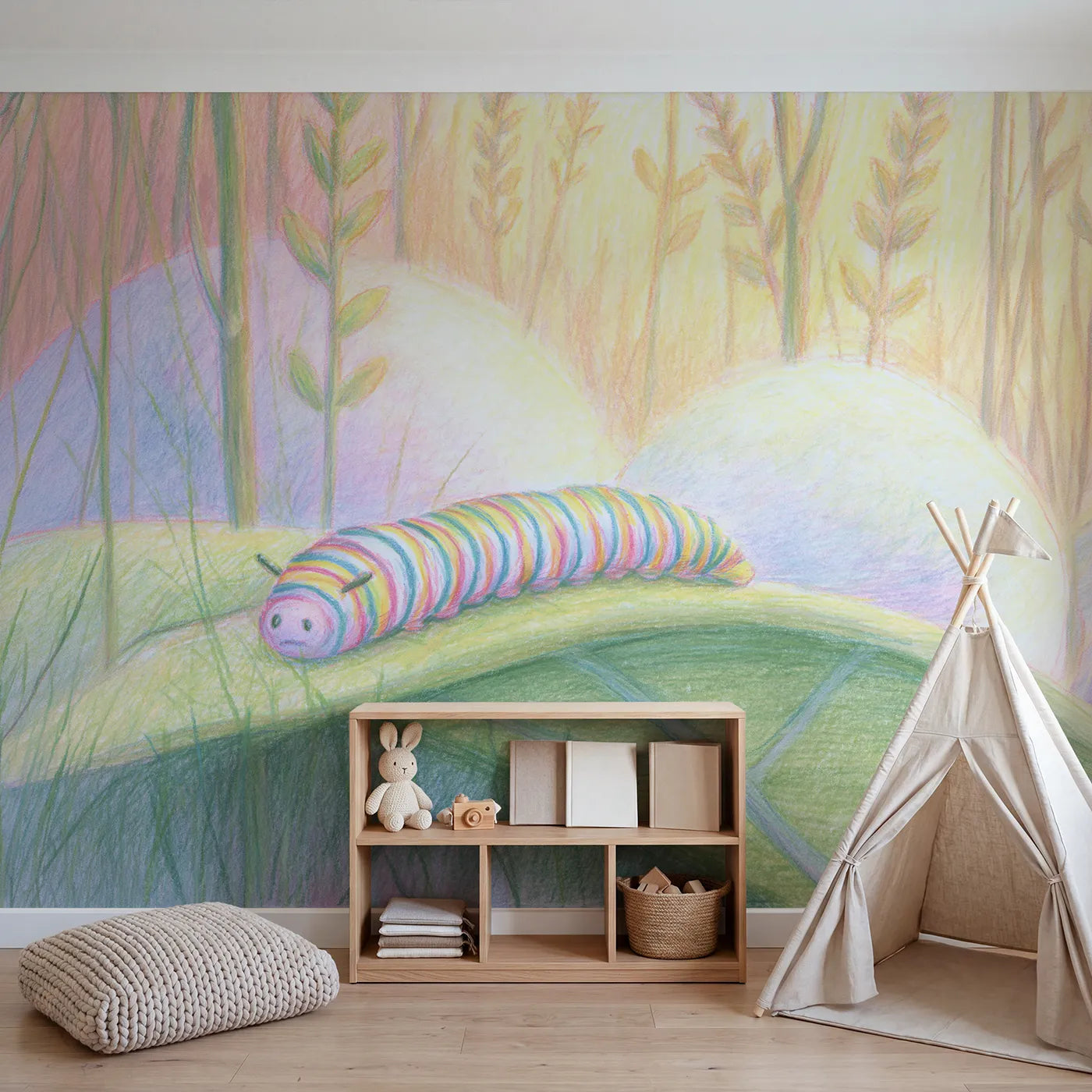 Caterpillar on a Leaf Wallpaper Mural in playroom setting by Whimsy Tots