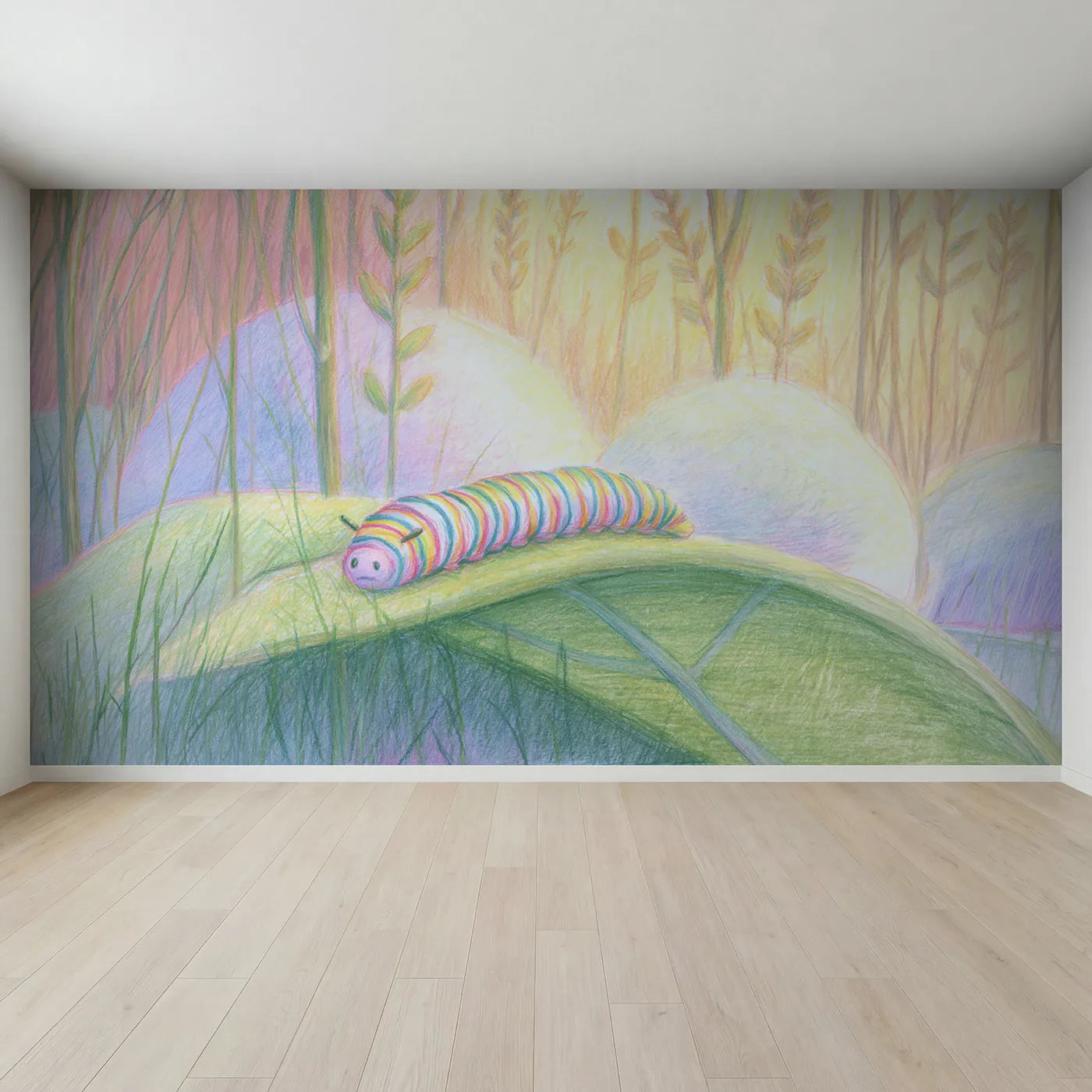 Full view of Caterpillar on a Leaf Wallpaper Mural by Whimsy Tots