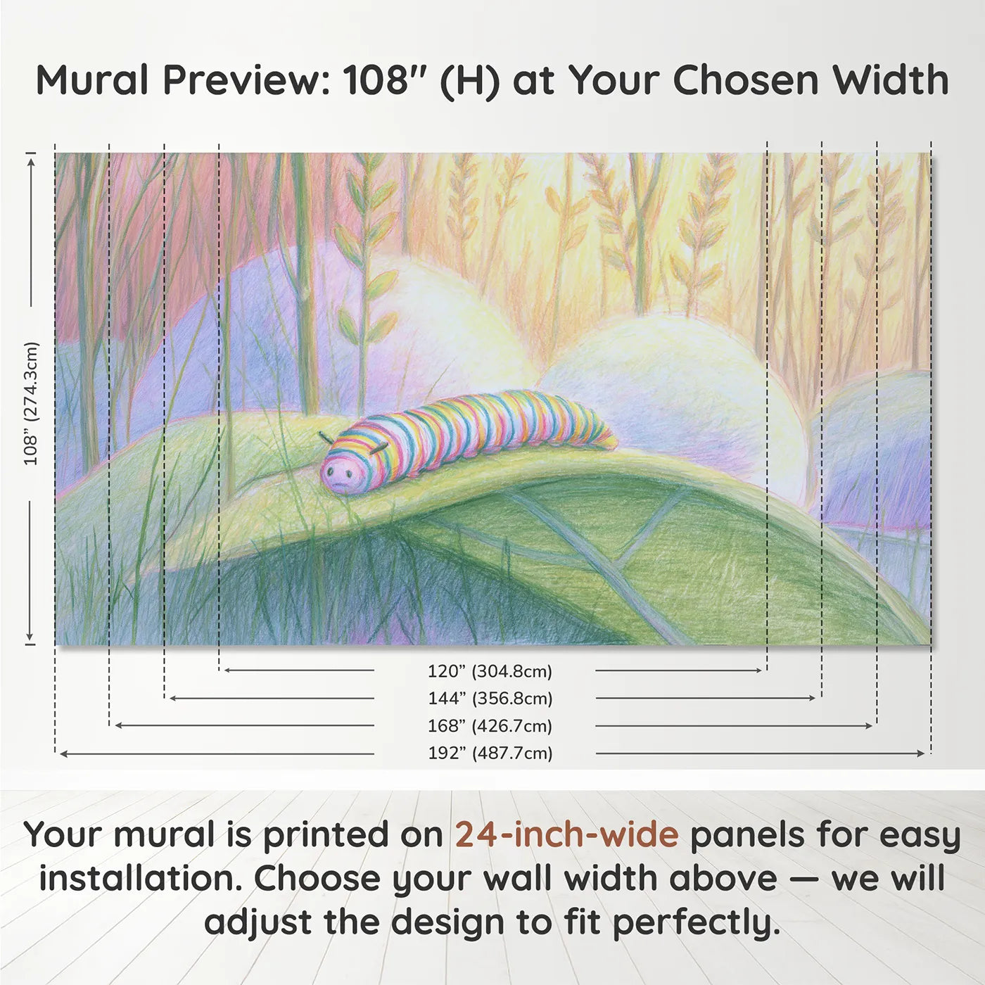 Panel layout and dimensions for Caterpillar on a Leaf Wallpaper Mural by Whimsy Tots
