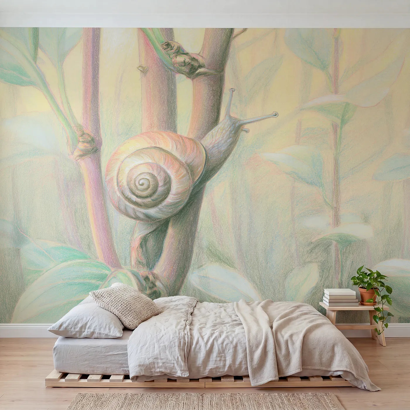 Colored-pencil wall mural of a snail climbing a stem by Whimsy Tots