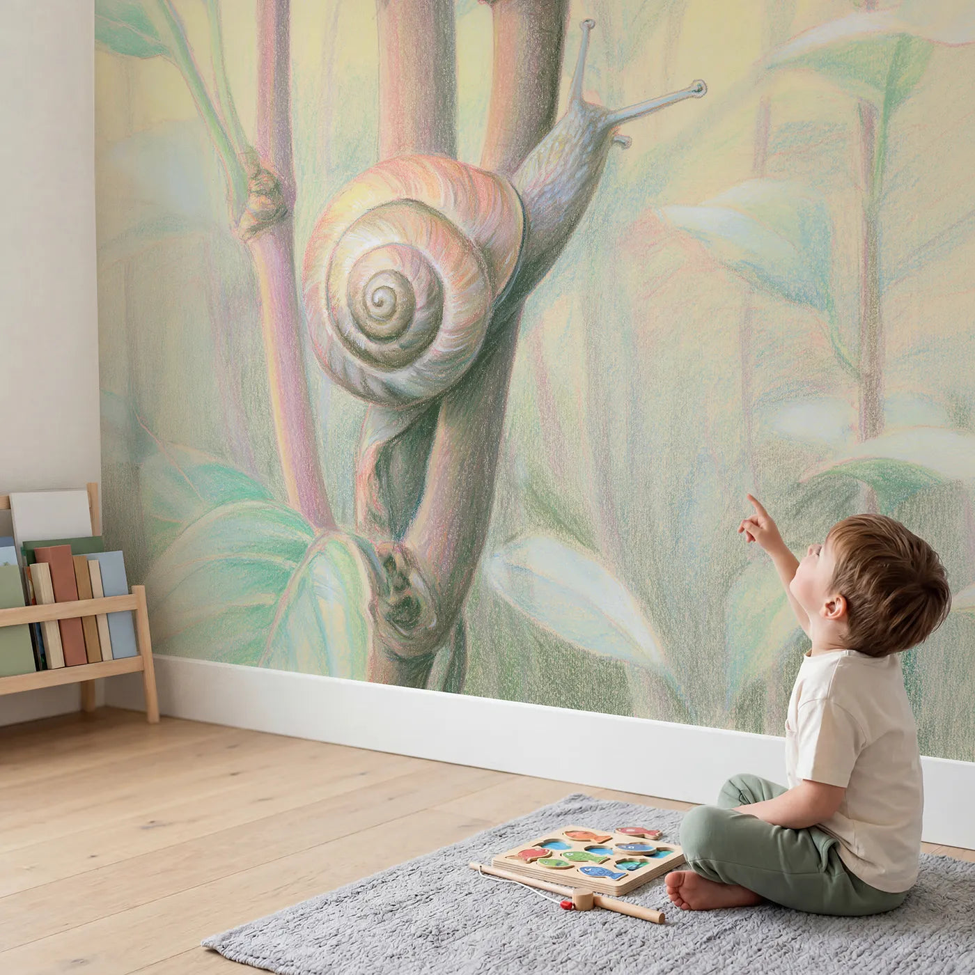 Child in nursery with Snail on a Garden Stem Wallpaper Mural by Whimsy Tots