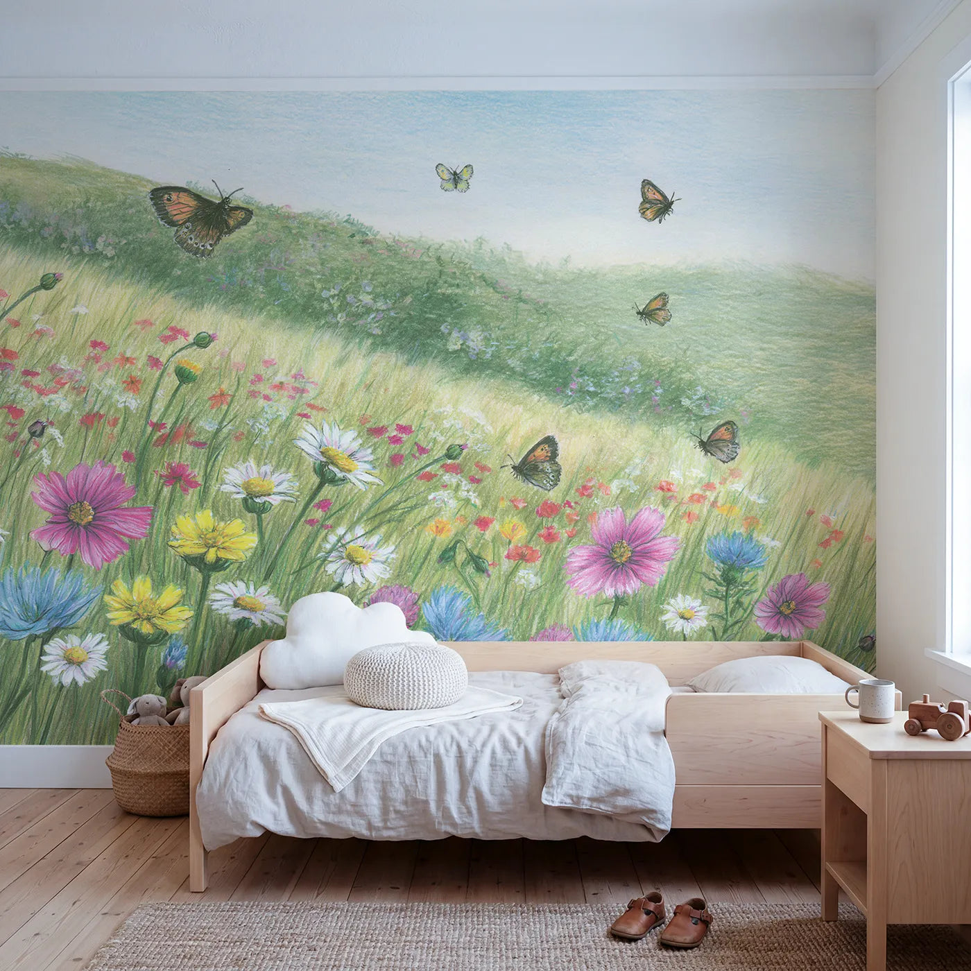 Colored-pencil wall mural of butterflies over wildflowers by Whimsy Tots