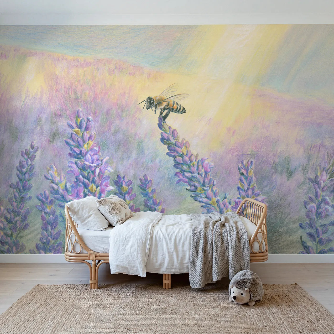 Colored-pencil wall mural of a bee over lavender by Whimsy Tots