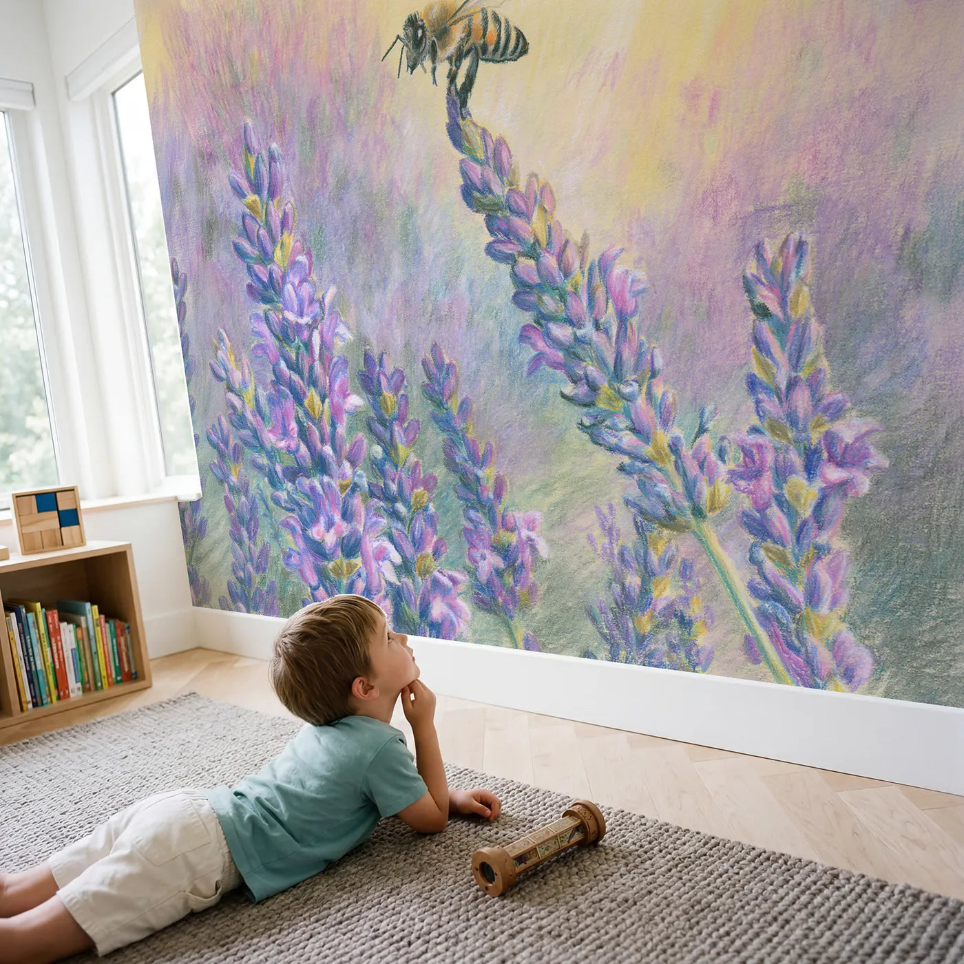 Child in nursery with Bee and Lavender Wallpaper Mural by Whimsy Tots