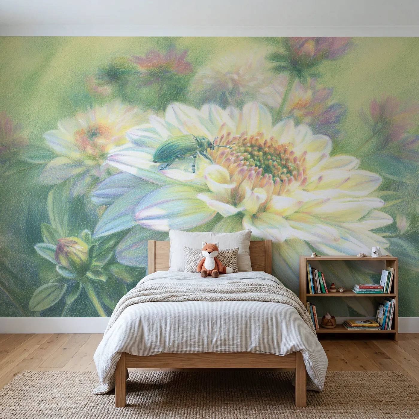 Colored-pencil wall mural of a green beetle on a flower by Whimsy Tots