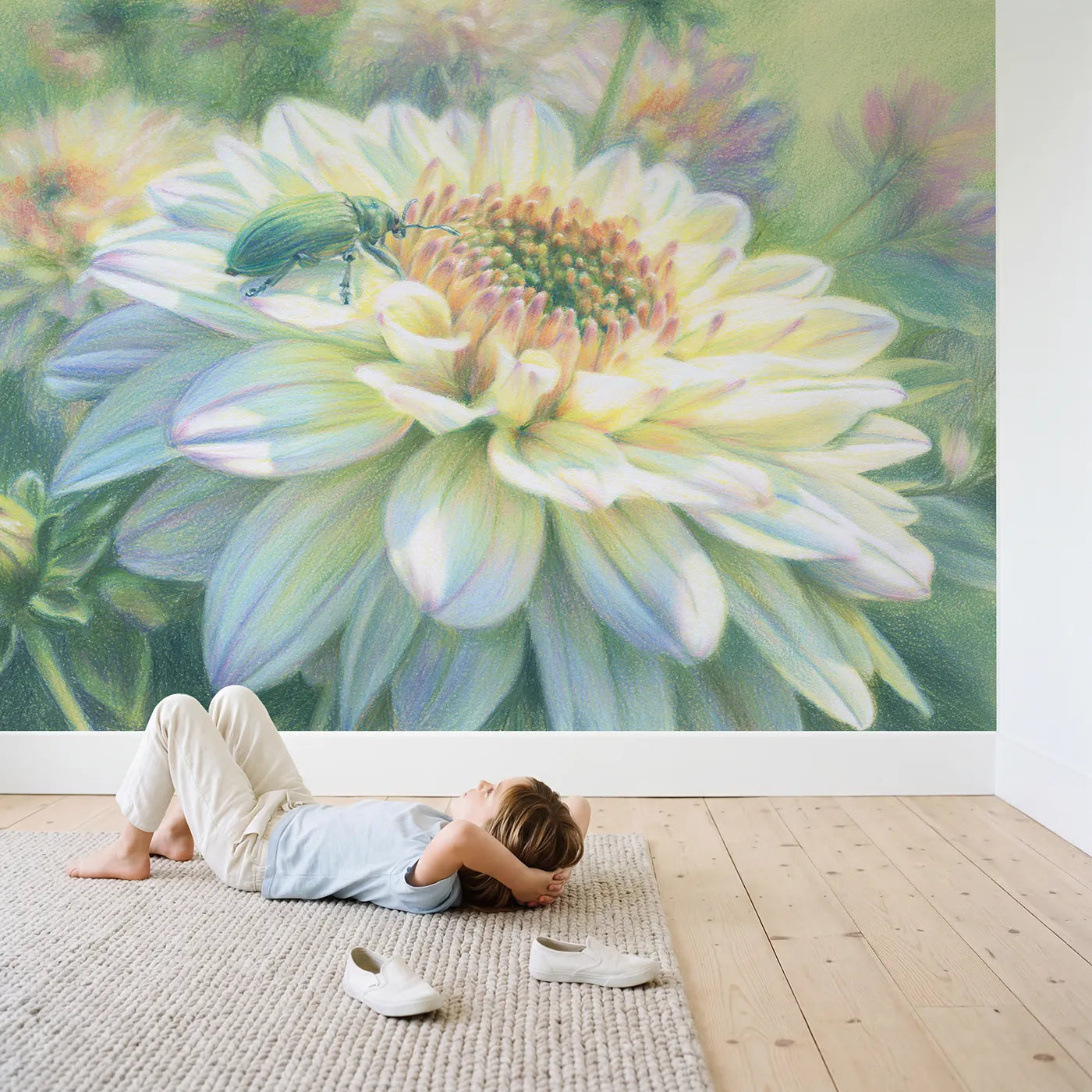 Child in nursery with Beetle on a Flower Wallpaper Mural by Whimsy Tots