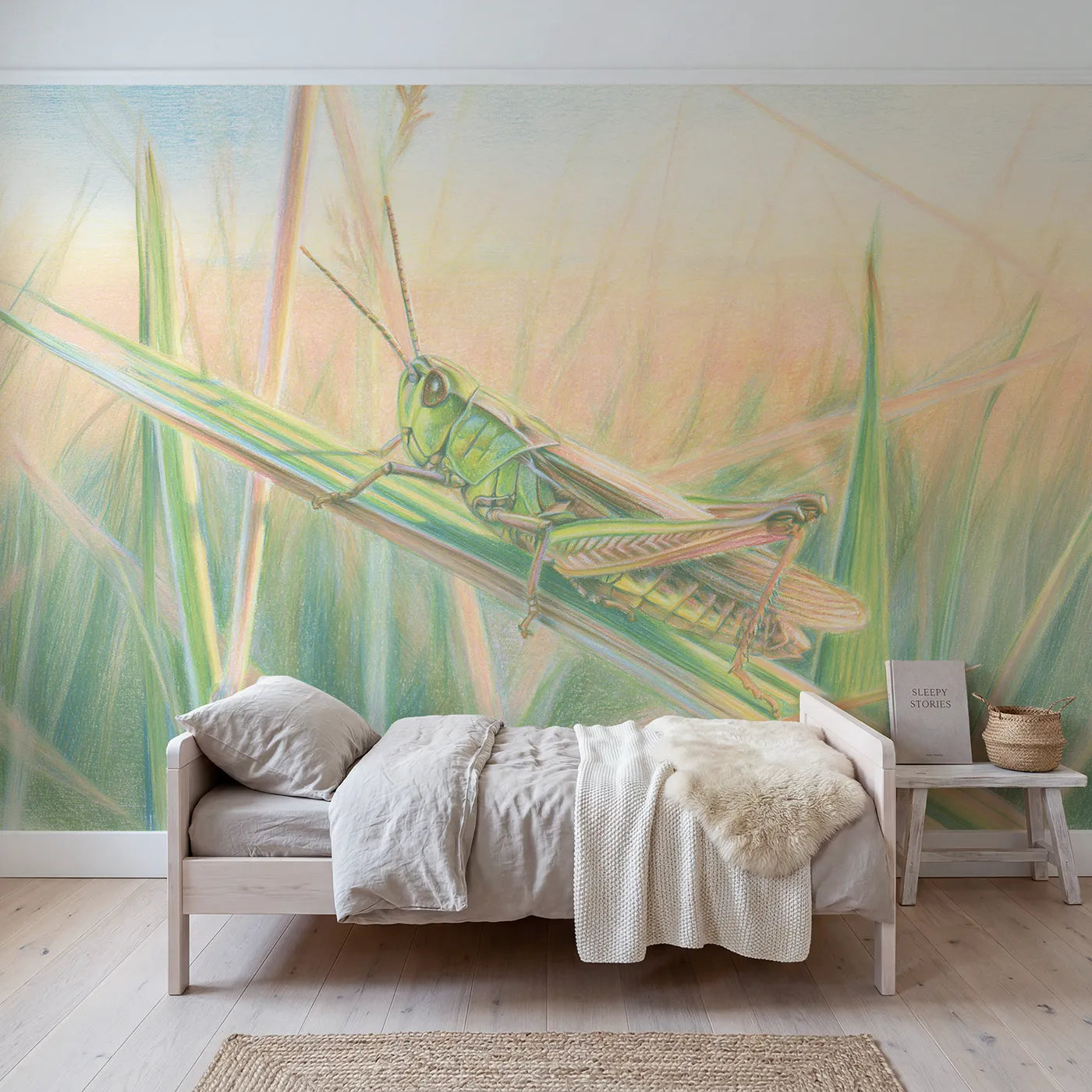 Colored-pencil wall mural of a grasshopper on a blade by Whimsy Tots
