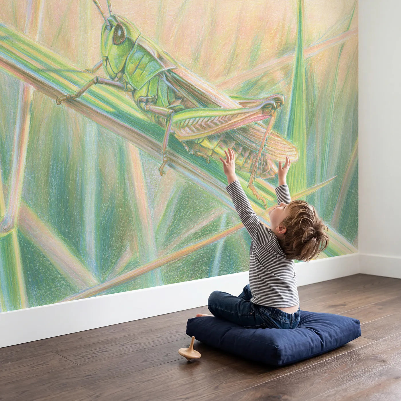 Child in nursery with Grasshopper on a Blade Wallpaper Mural by Whimsy Tots