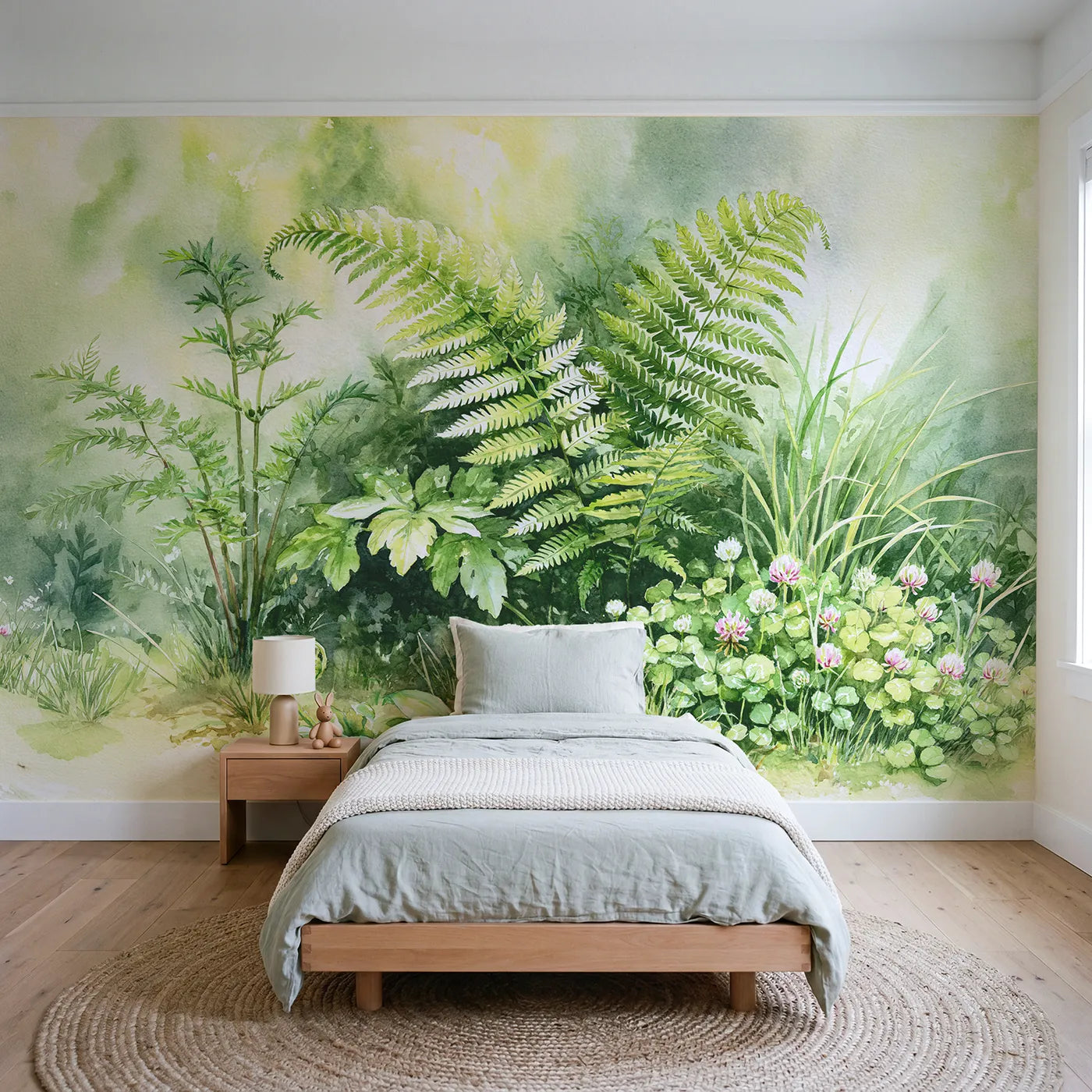 Watercolor wall mural of a detailed fern frond by Whimsy Tots