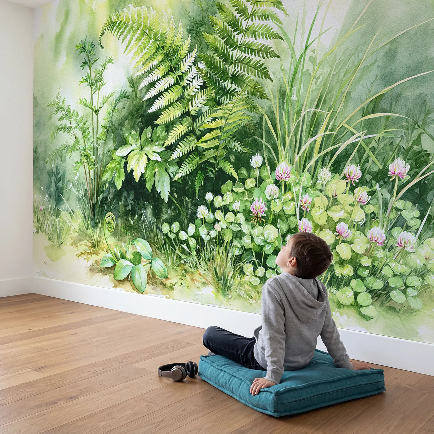 Child in nursery with Fern Frond Study Wallpaper Mural by Whimsy Tots