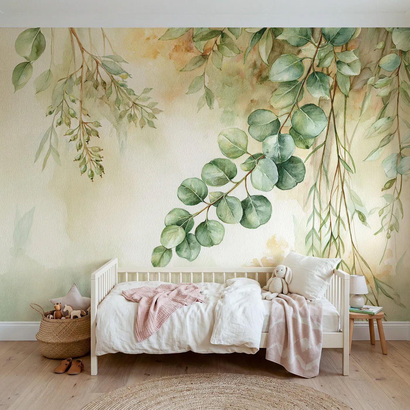 Watercolor wall mural of a eucalyptus sprig by Whimsy Tots