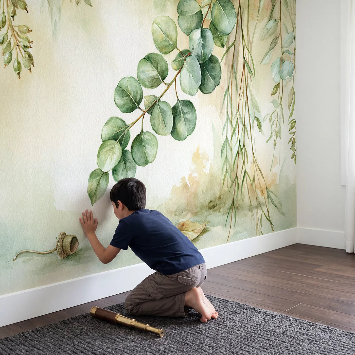 Child in nursery with Eucalyptus Sprig Study Wallpaper Mural by Whimsy Tots