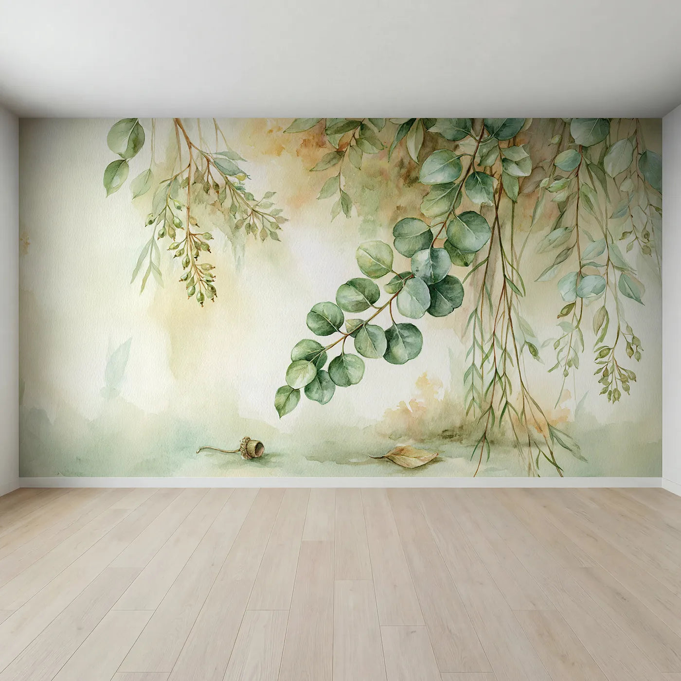 Full view of Eucalyptus Sprig Study Wallpaper Mural by Whimsy Tots