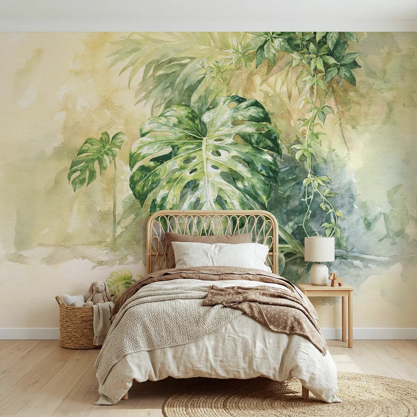 Watercolor wall mural of a split monstera leaf by Whimsy Tots