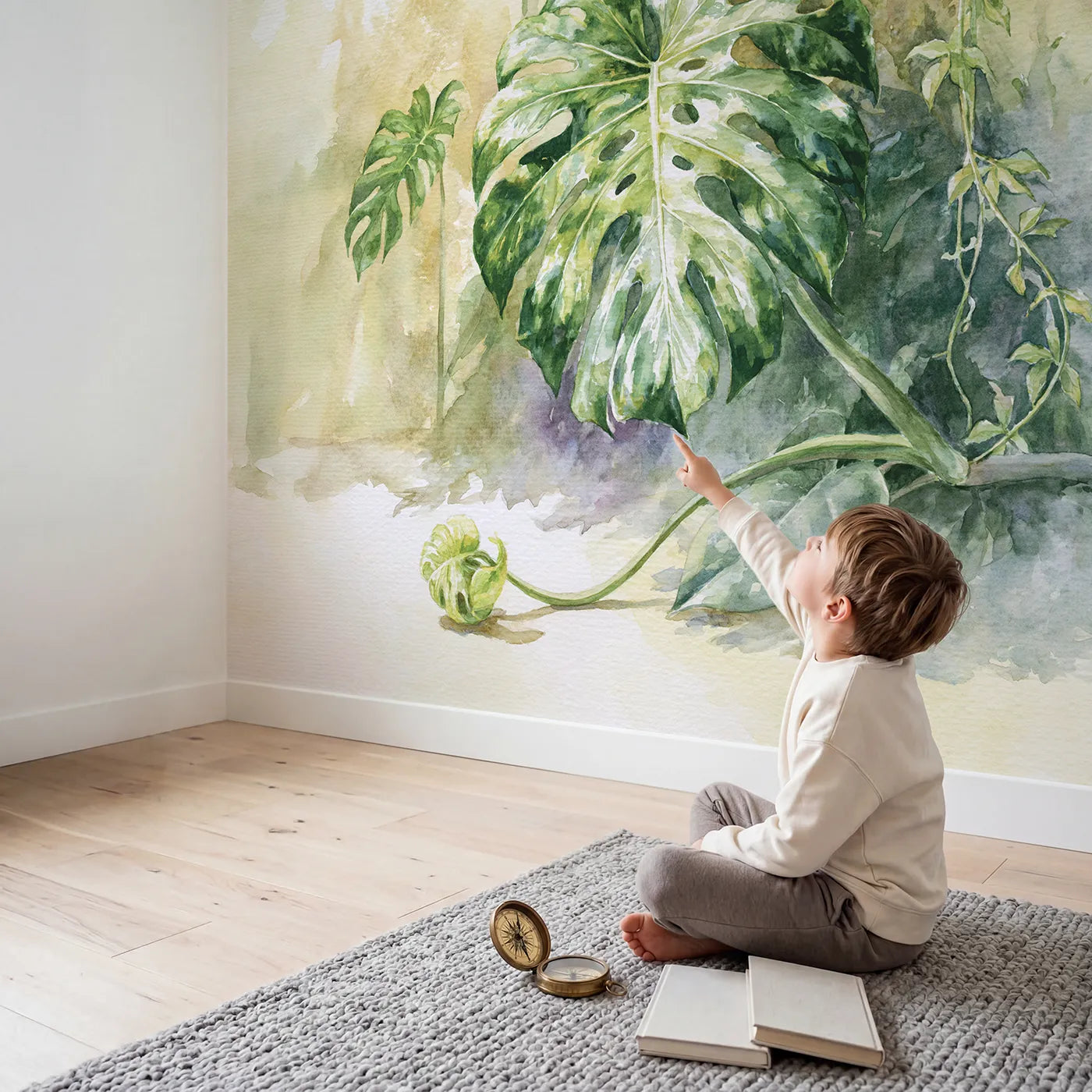 Child in nursery with Monstera Leaf Study Wallpaper Mural by Whimsy Tots