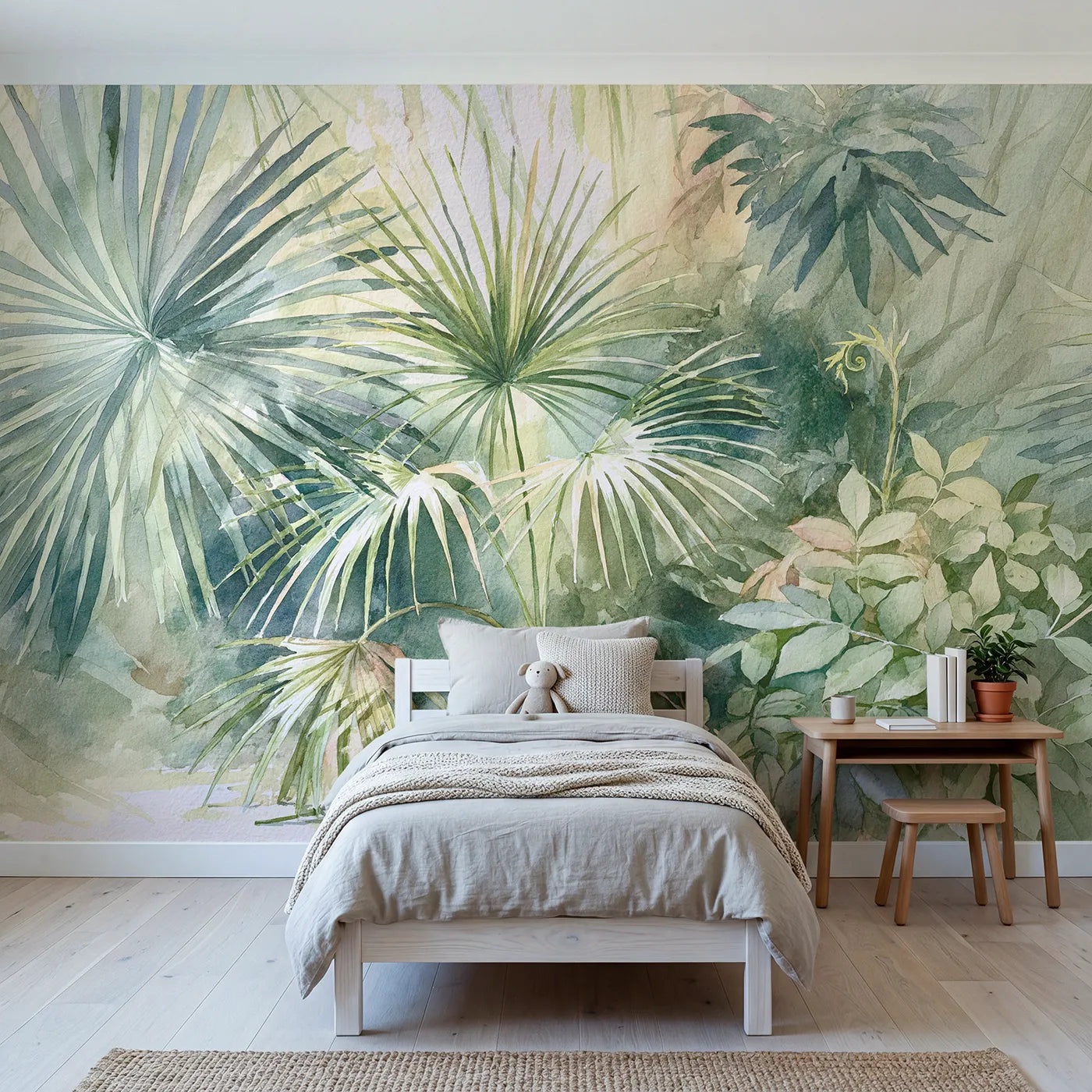 Watercolor wall mural of a fanning palm leaf by Whimsy Tots