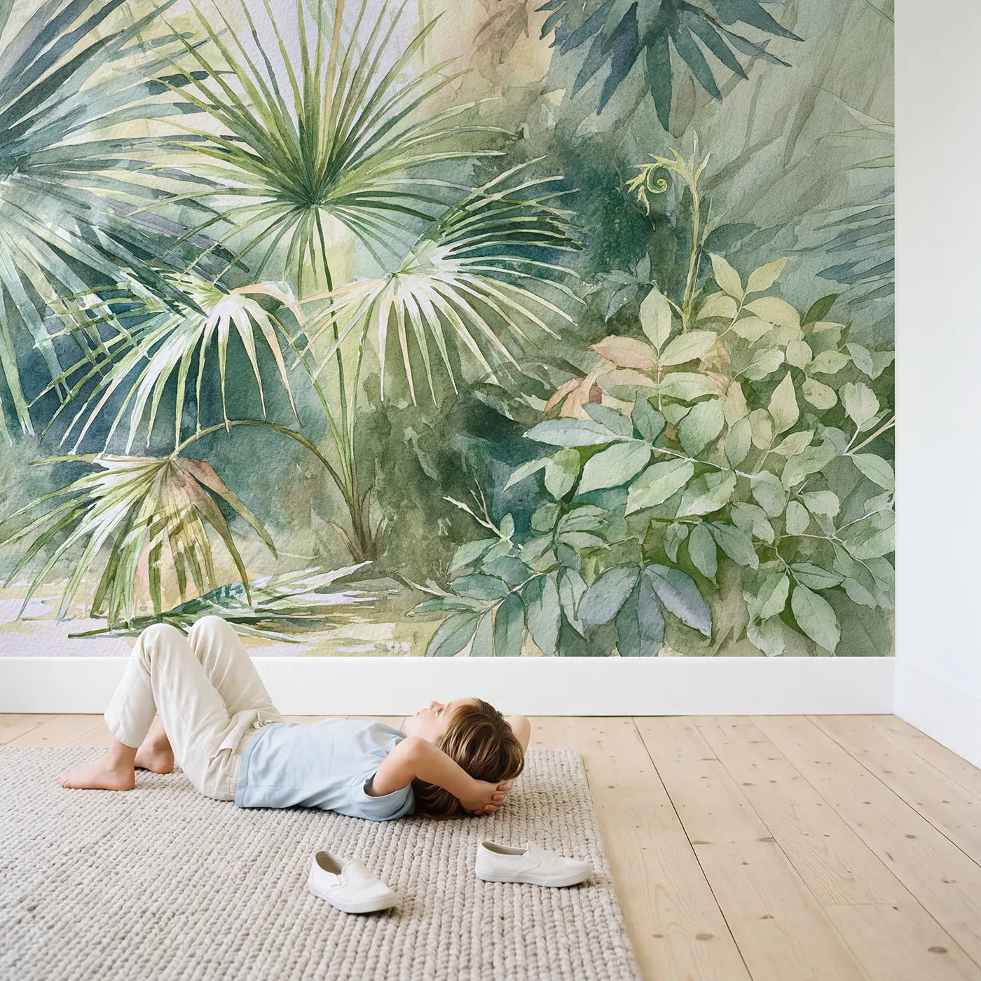 Child in nursery with Palm Leaf Study Wallpaper Mural by Whimsy Tots