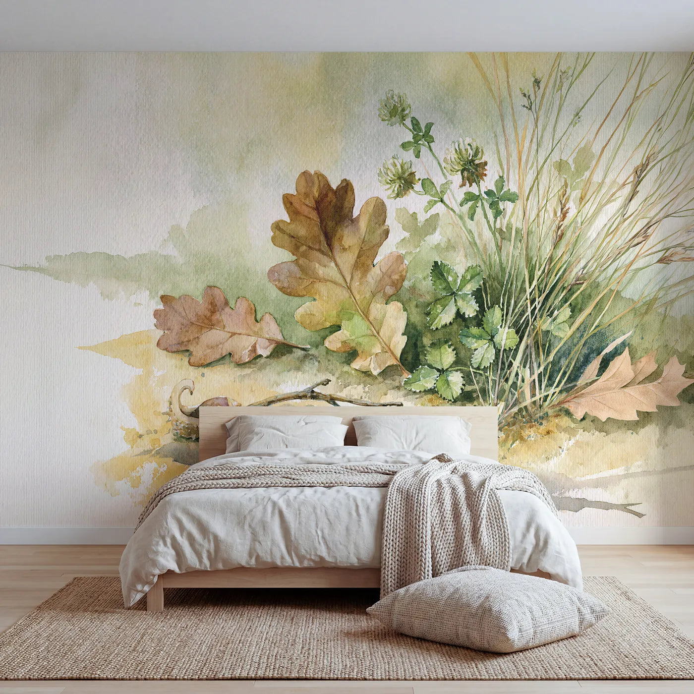 Watercolor wall mural of a familiar oak leaf by Whimsy Tots