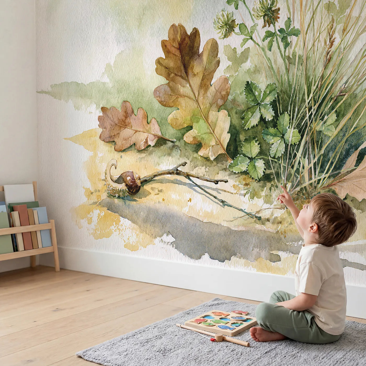 Child in nursery with Oak Leaf Study Wallpaper Mural by Whimsy Tots