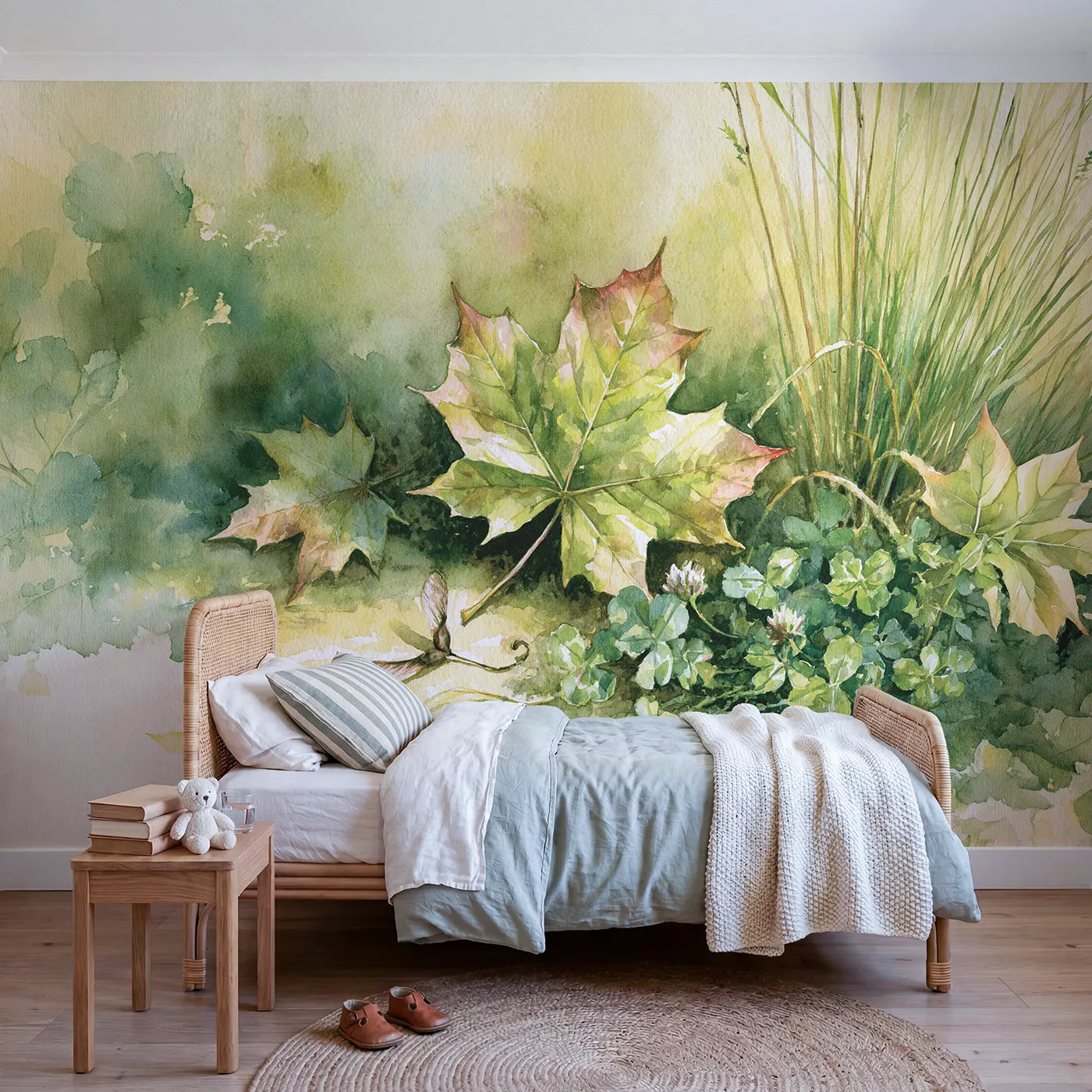 Watercolor wall mural of a green maple leaf by Whimsy Tots
