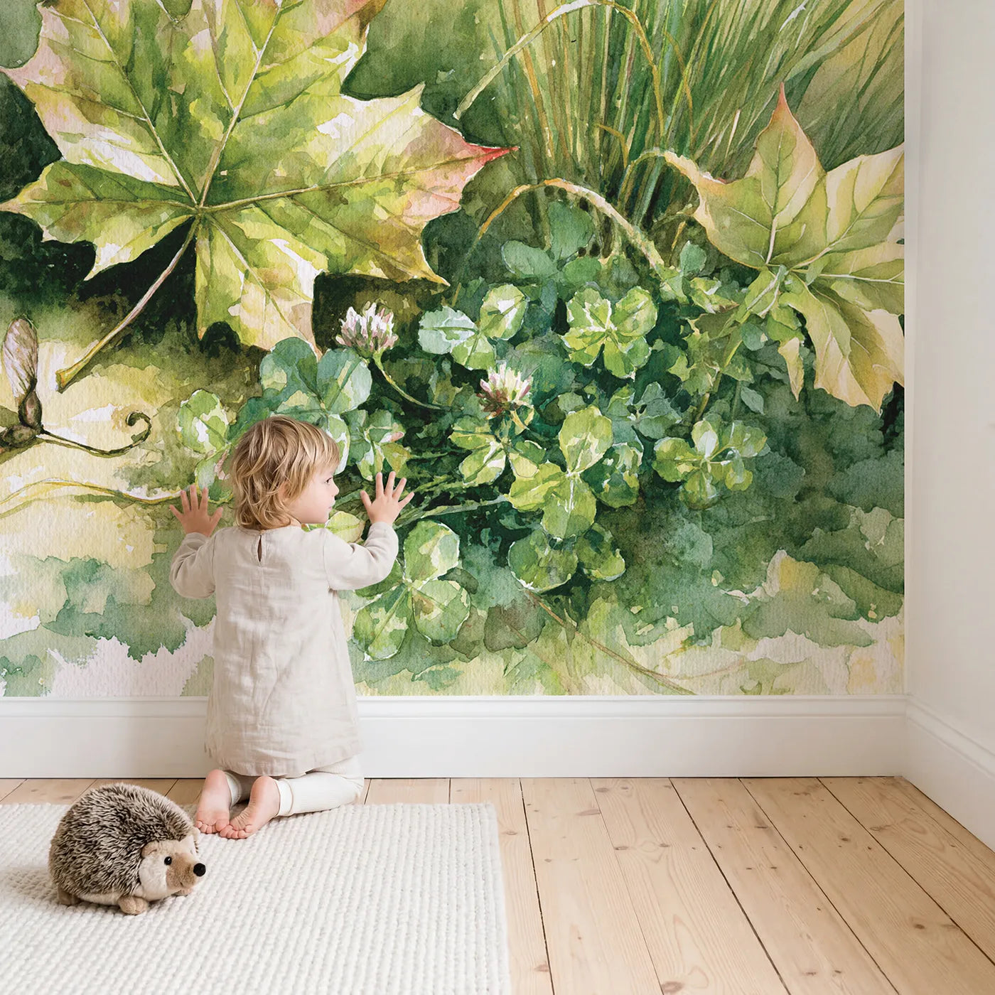 Child in nursery with Maple Leaf Study Wallpaper Mural by Whimsy Tots