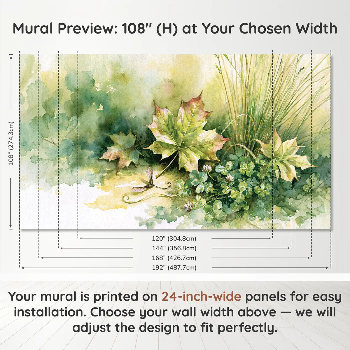 Panel layout and dimensions for Maple Leaf Study Wallpaper Mural by Whimsy Tots