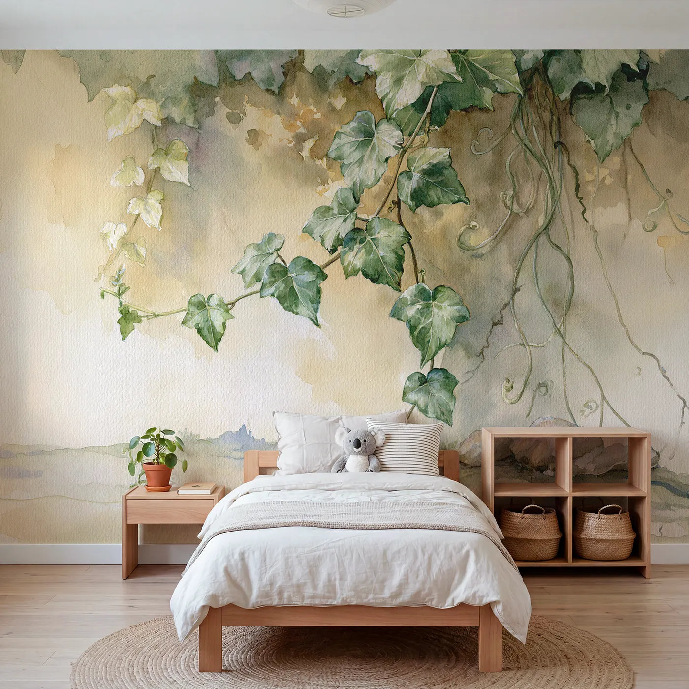 Watercolor wall mural of a trailing ivy vine by Whimsy Tots