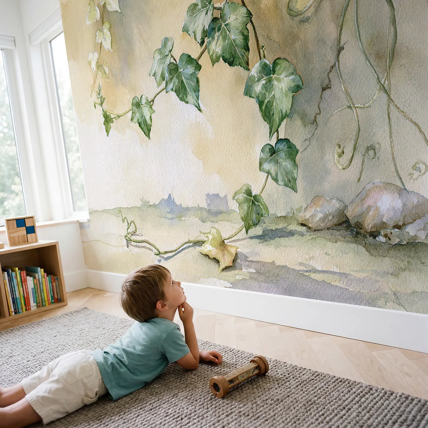 Child in nursery with Ivy Vine Study Wallpaper Mural by Whimsy Tots