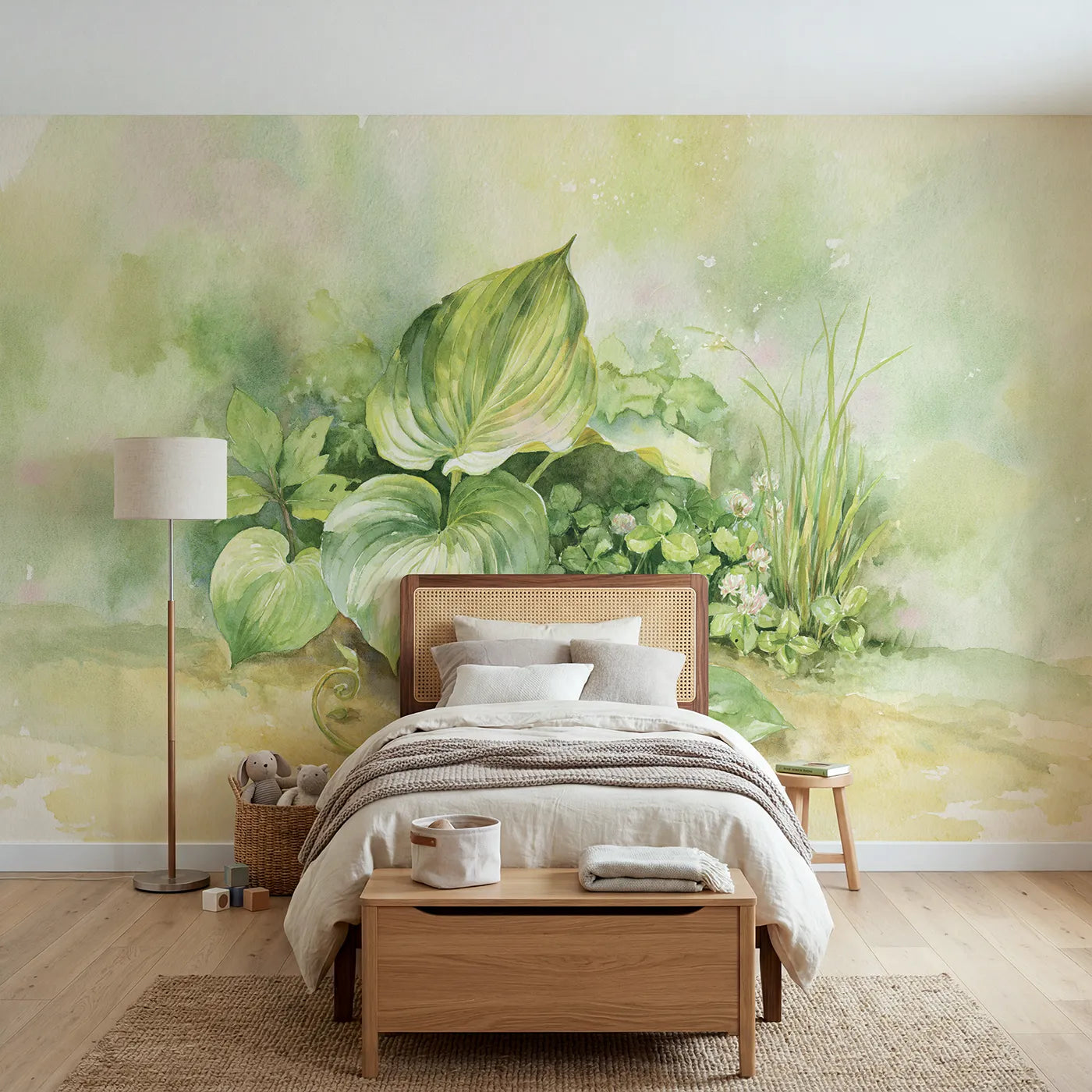 Watercolor wall mural of a broad ribbed hosta leaf by Whimsy Tots