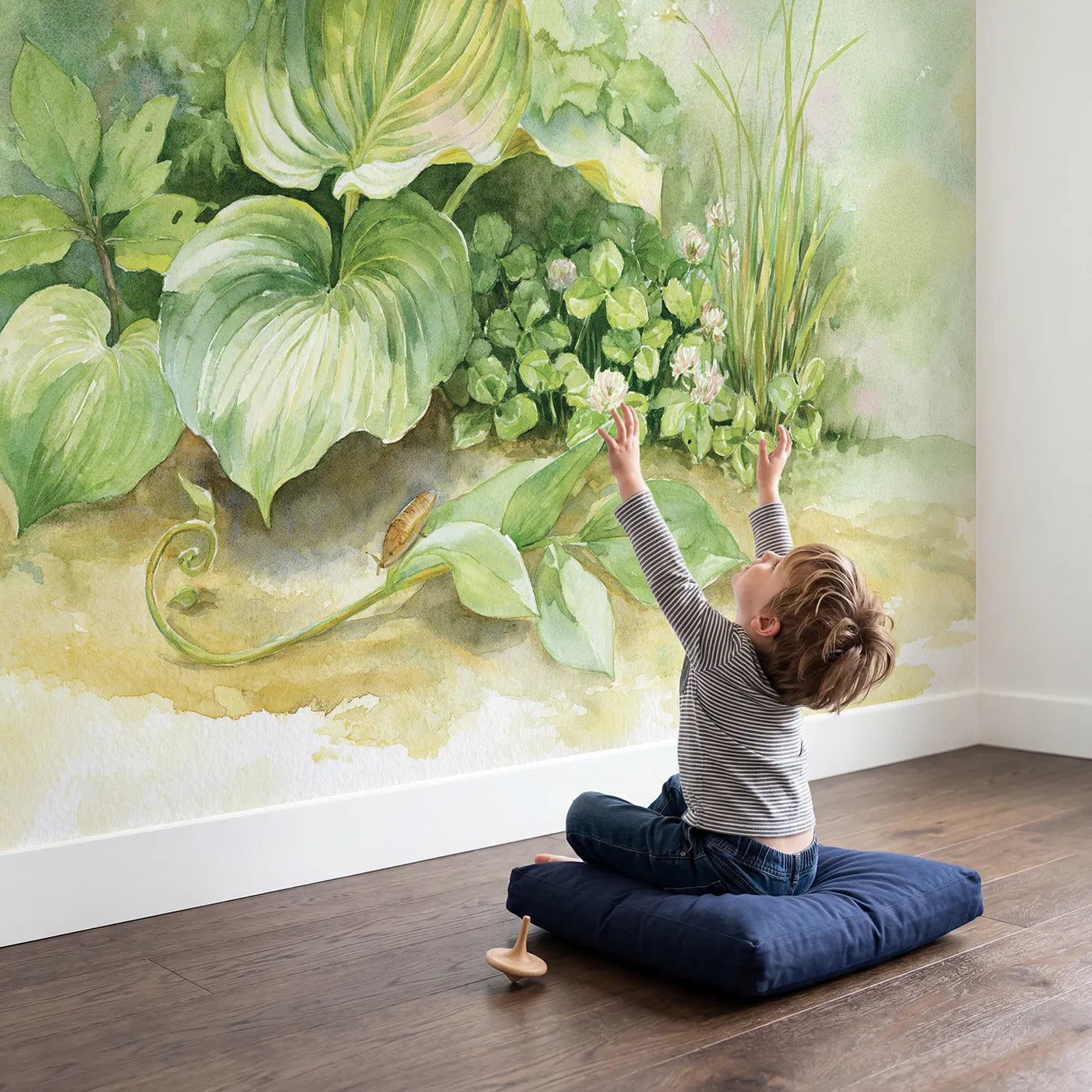 Child in nursery with Hosta Leaf Study Wallpaper Mural by Whimsy Tots