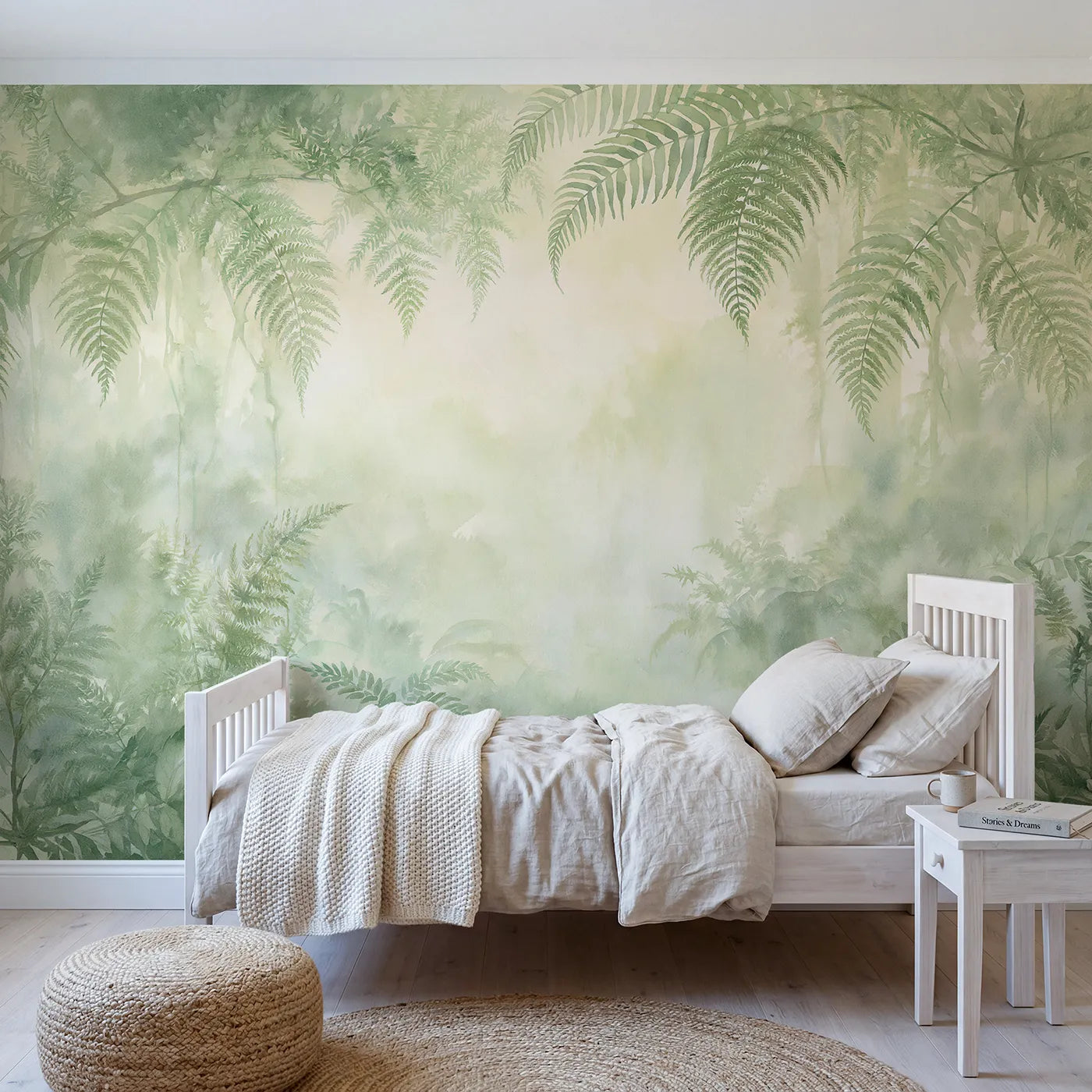 Watercolor wall mural of ferns in a misty glade by Whimsy Tots
