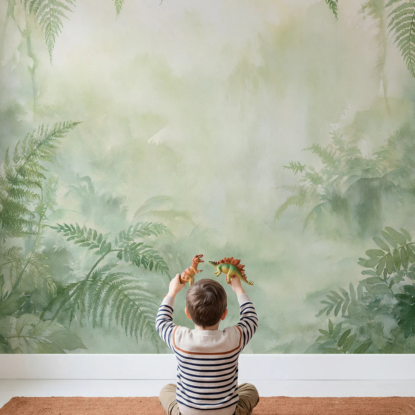 Child in nursery with Misty Fern Glade Wallpaper Mural by Whimsy Tots