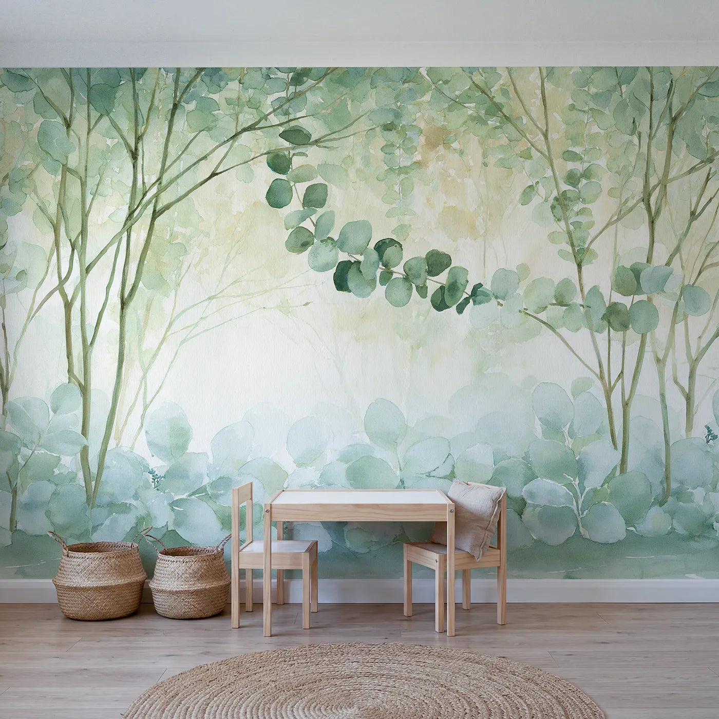 Watercolor wall mural of hazy eucalyptus branches by Whimsy Tots