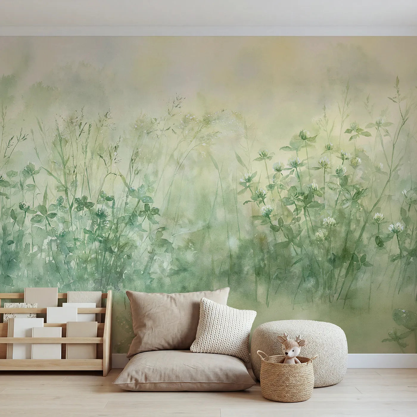 Watercolor wall mural of dewy morning greenery by Whimsy Tots
