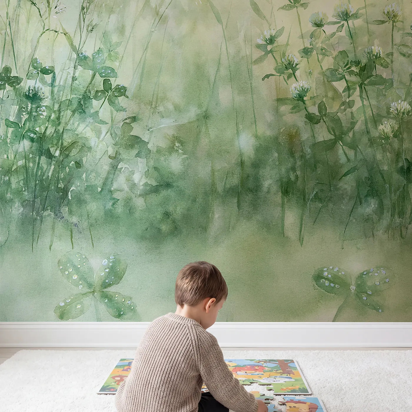 Child in nursery with Dewy Greenery Morning Wallpaper Mural by Whimsy Tots