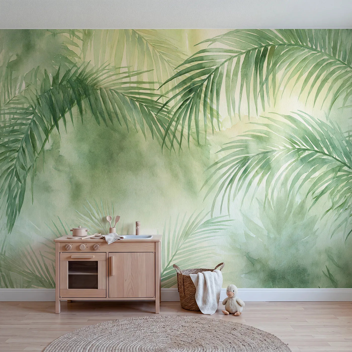 Watercolor wall mural of hazy layered palm fronds by Whimsy Tots