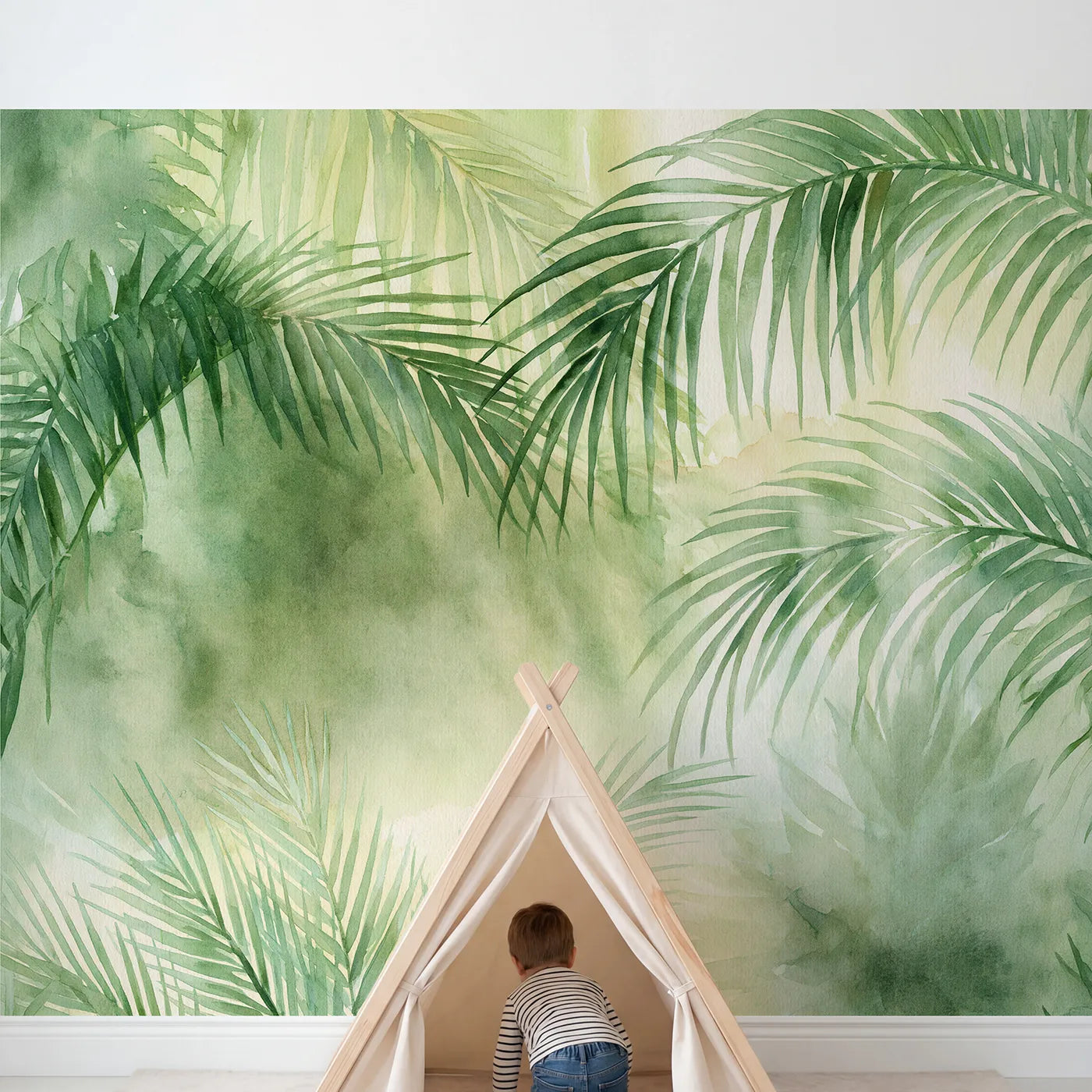 Child in nursery with Hazy Palm Fronds Wallpaper Mural by Whimsy Tots
