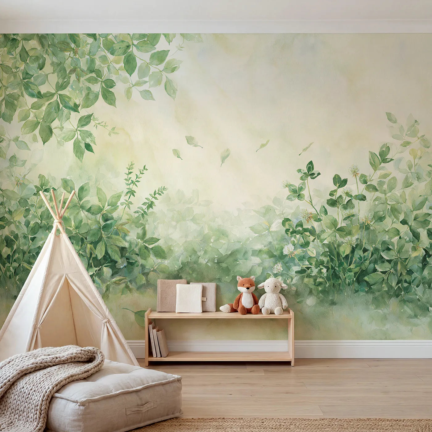 Watercolor wall mural of soft drifting leaves by Whimsy Tots