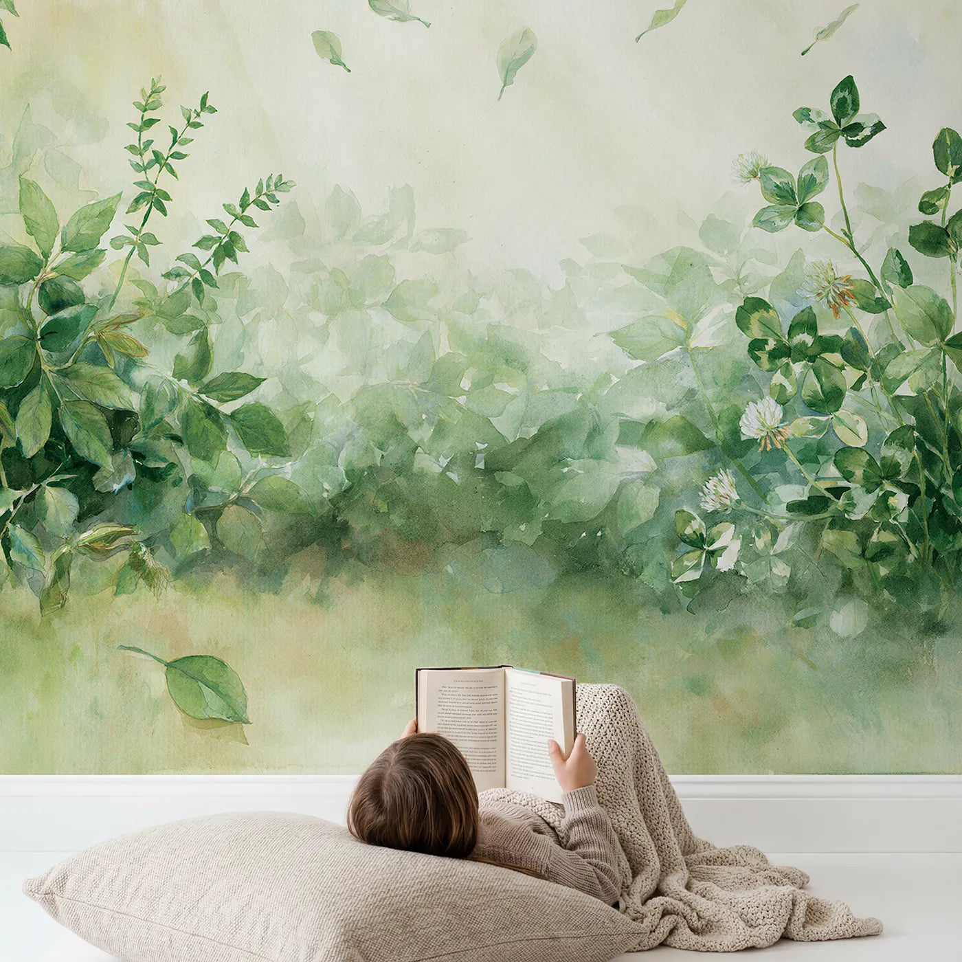 Child in nursery with Gentle Leaf Drift Wallpaper Mural by Whimsy Tots